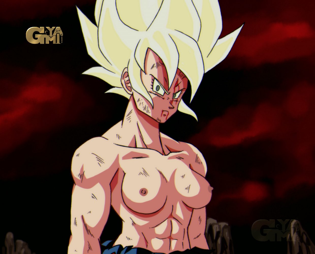 1girls abs areolae big_hair bleeding blood blue_eyes breasts collarbone dragon_ball dragon_ball_z eyelashes female female_goku female_only frown genderswap gold_hair goldenn_yami human long_hair looking_at_viewer medium_breasts muscles muscular_female nipples outdoors perky_breasts retro_artstyle rule_63 saiyan signature solo son_goku spiky_hair super_saiyan topless