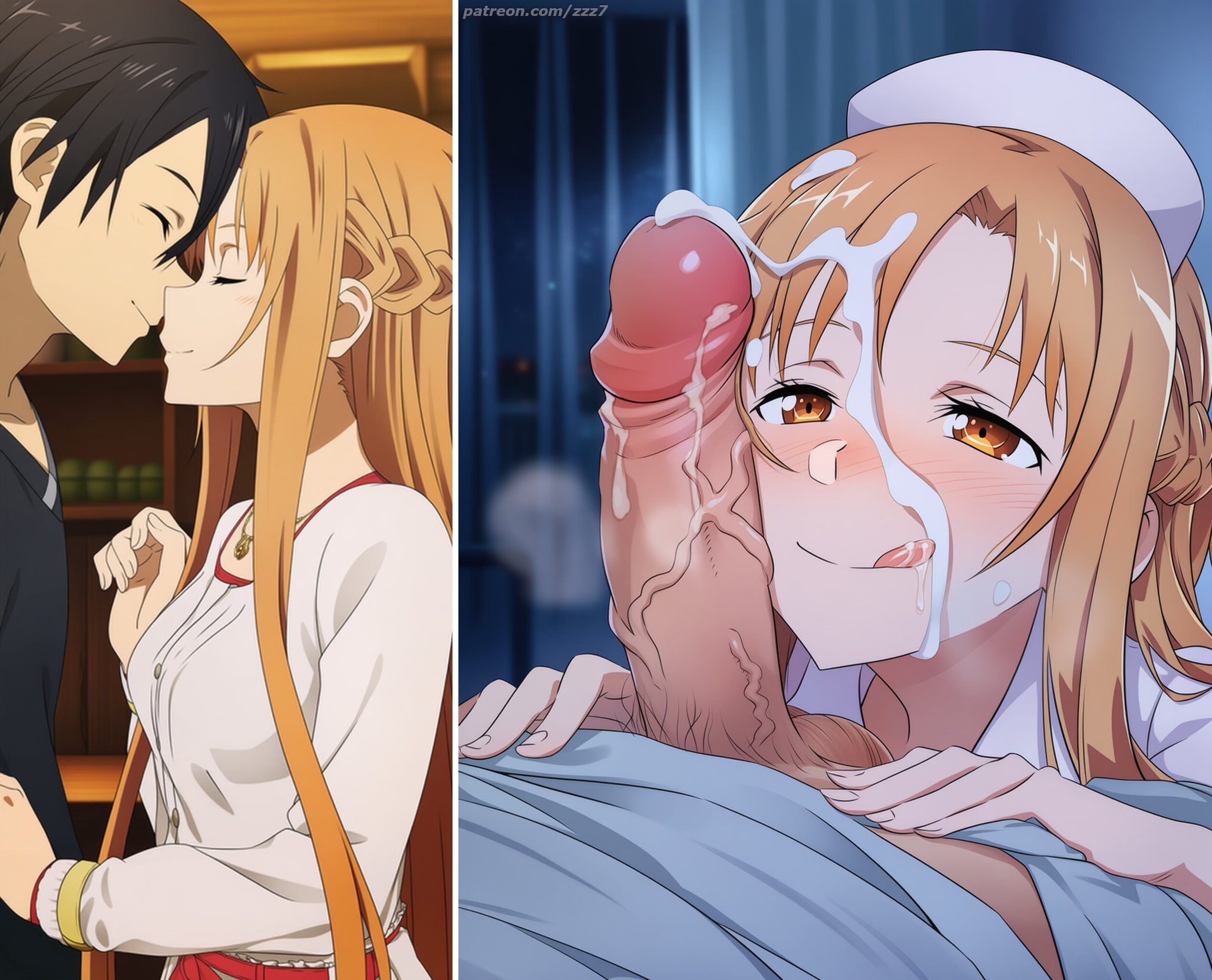 1boy, 1girls, after blowjob, after fellatio, after oral, ai generated, asuna (sao), asuna yuuki, blush, boys, cock worship, comparison, couple, couple (romantic), cum, day, day vs night, dripping cum, ejaculation, excited, facial, happy, imminent hug, imminent kiss, kirito, licking, licking lips, licking own lips, mischievous, multiple images, naughty, naughty face, netorare, night, ntr, nurse, oral, penis, penis over face, playful, satisfied, seductive, smile, split screen, swallowing, sword art online, torogao, veiny penis, versus, vs, watermark, yuuki asuna, zzz7