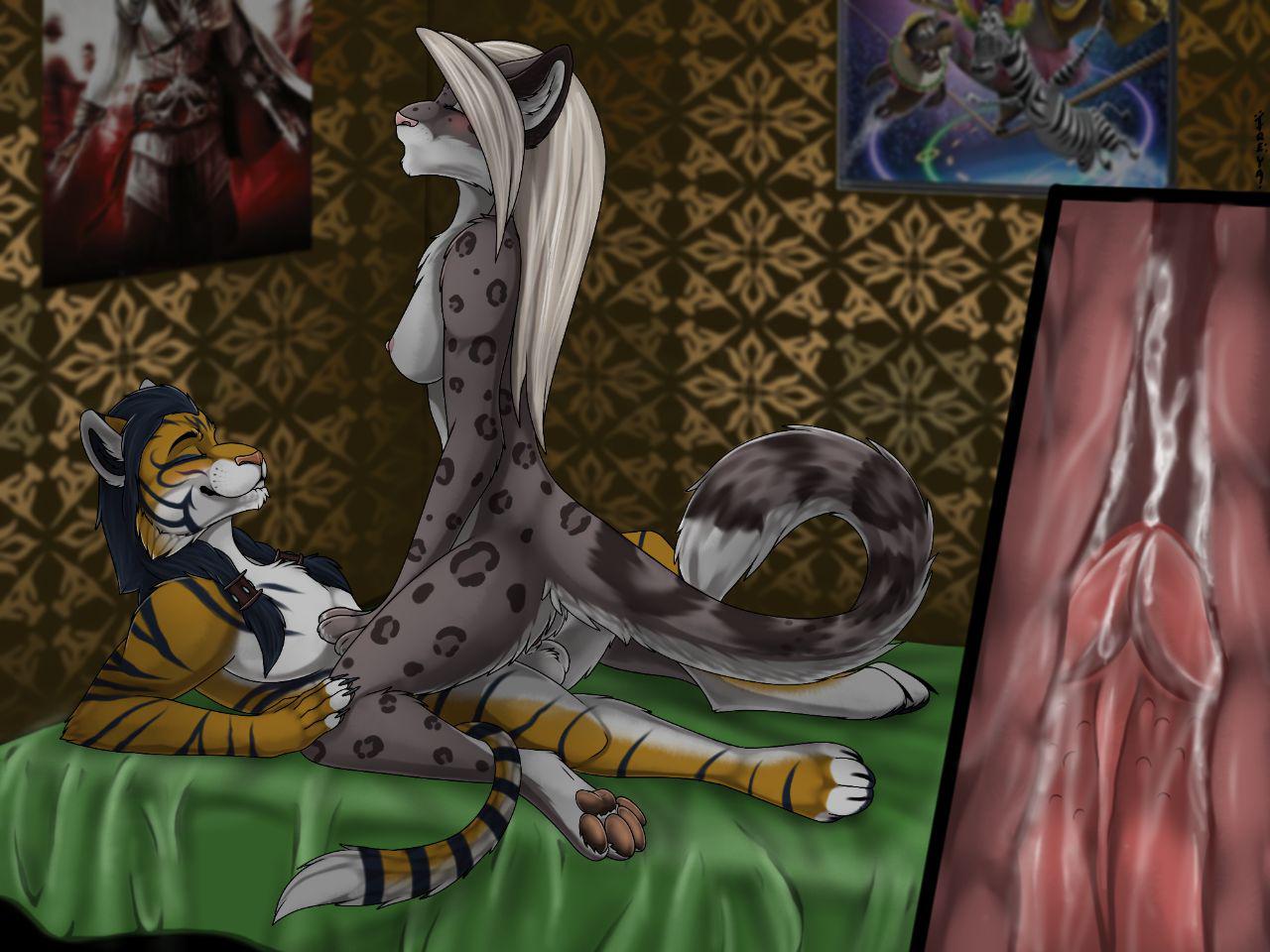 anthro balls cum cum_in_pussy cum_inside detailed_background duo feline female fur hybrid khajiit kovu_muabdib leopard liger lion male mammal penetration snow_leopard straight the_elder_scrolls tiger vaginal_penetration video_games