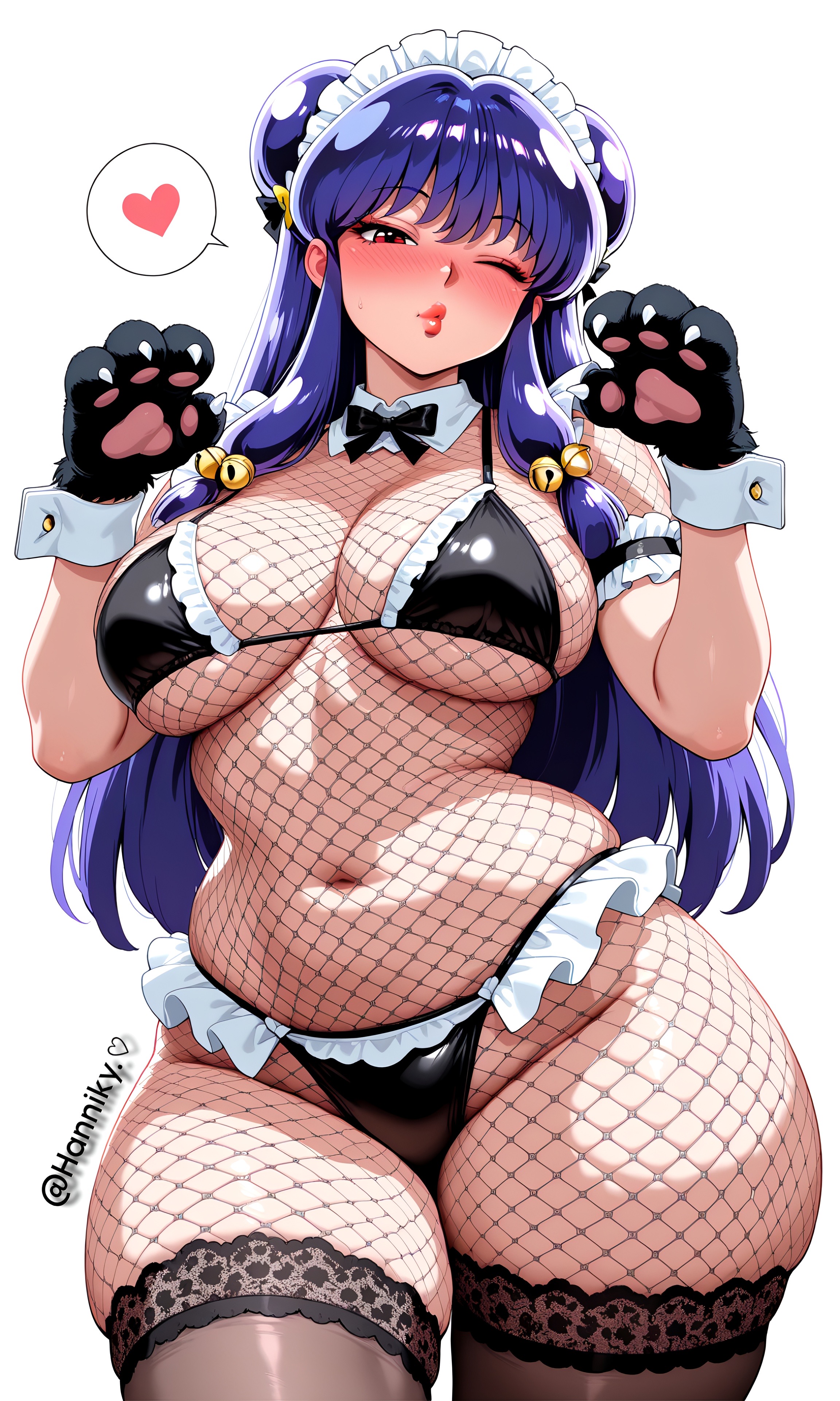 abdomen, ai generated, bangs, belly, belly button, bikini, bikini bottom, bikini top, black bikini, blush, blush lines, cat claws, cat paws, chubby, chubby belly, chubby female, claws, cleavage, curvaceous, curvy, curvy body, curvy female, curvy figure, curvy hips, curvy thighs, double hair bun, fishnet clothing, fishnets, frills, hair bell, hair ornament, hairbun, half-closed eyes, hands up, hips, illyfurina, lipstick, long hair, looking at viewer, looking down, maid, maid bikini, maid headdress, maid outfit, maid uniform, medium breasts, navel, nose blush, oiled, oiled skin, one eye closed, paws, pixai, puckered lips, purple hair, ranma 1/2, red eyes, red lipstick, ribbon, seducing, seduction, seductive, seductive body, seductive expression, seductive eyes, seductive female, seductive gaze, seductive look, seductive mouth, seductive pose, seductive smile, sfw, sfw version, sfw version available, shampoo (ranma 1/2), shiny skin, sideboob, spoken heart, stable diffusion, standing, sweat, sweatdrop, sweating, sweaty, sweaty body, thick body, thick hips, thick legs, thick thighs, thighhighs, thighs, underboob, very long hair, waist