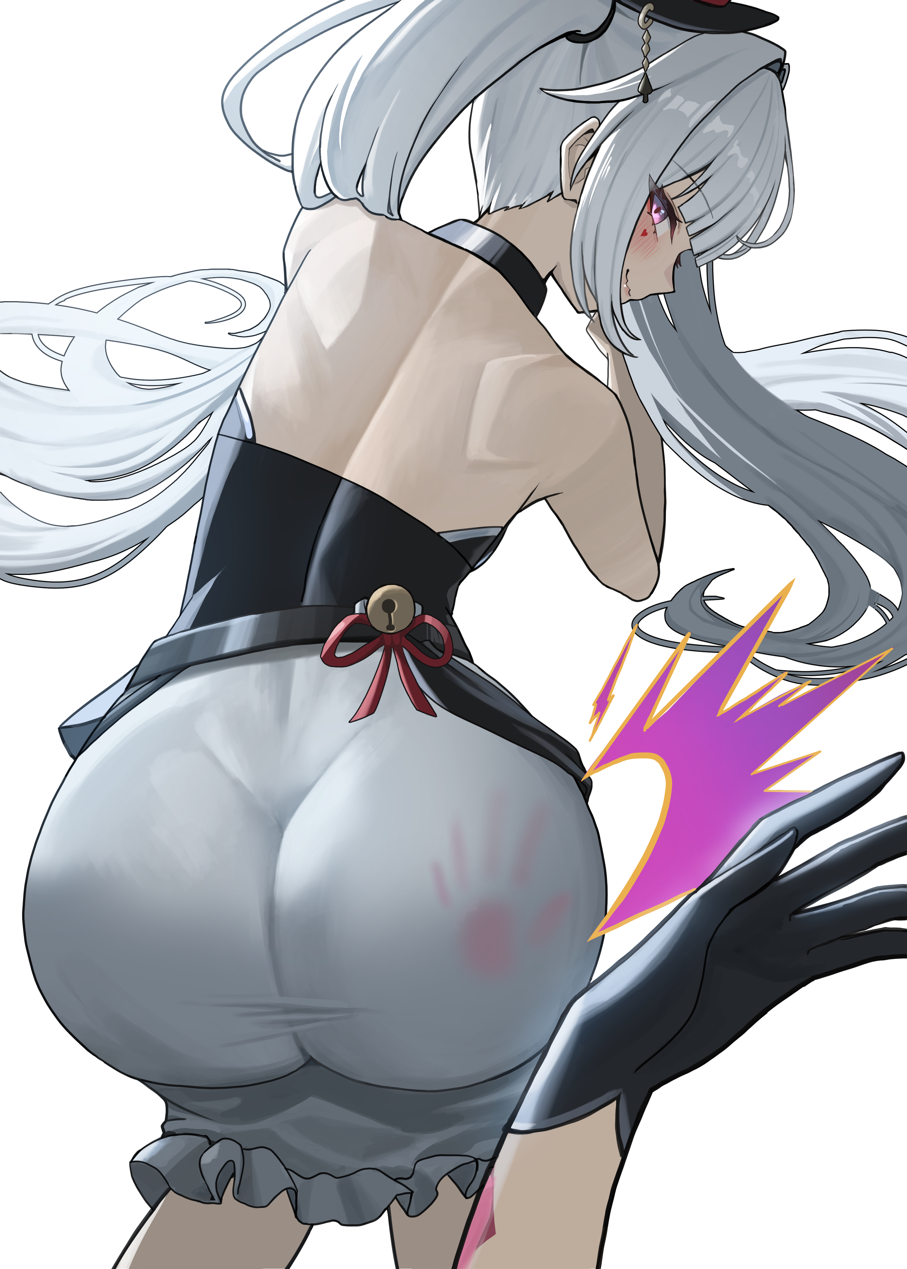 2girls, absurdres, ass, ass focus, back, bare back, bare shoulders, commentary, dress, dual persona, facial mark, from behind, gloves, heart, heart facial mark, highres, honkai (series), honkai: star rail, huge ass, long hair, looking at viewer, looking back, multiple girls, oro (lsg0624), smile, spanking, sparkle (honkai: star rail), sparxie (honkai: star rail), taut clothes, taut dress, twintails, white hair, yuri