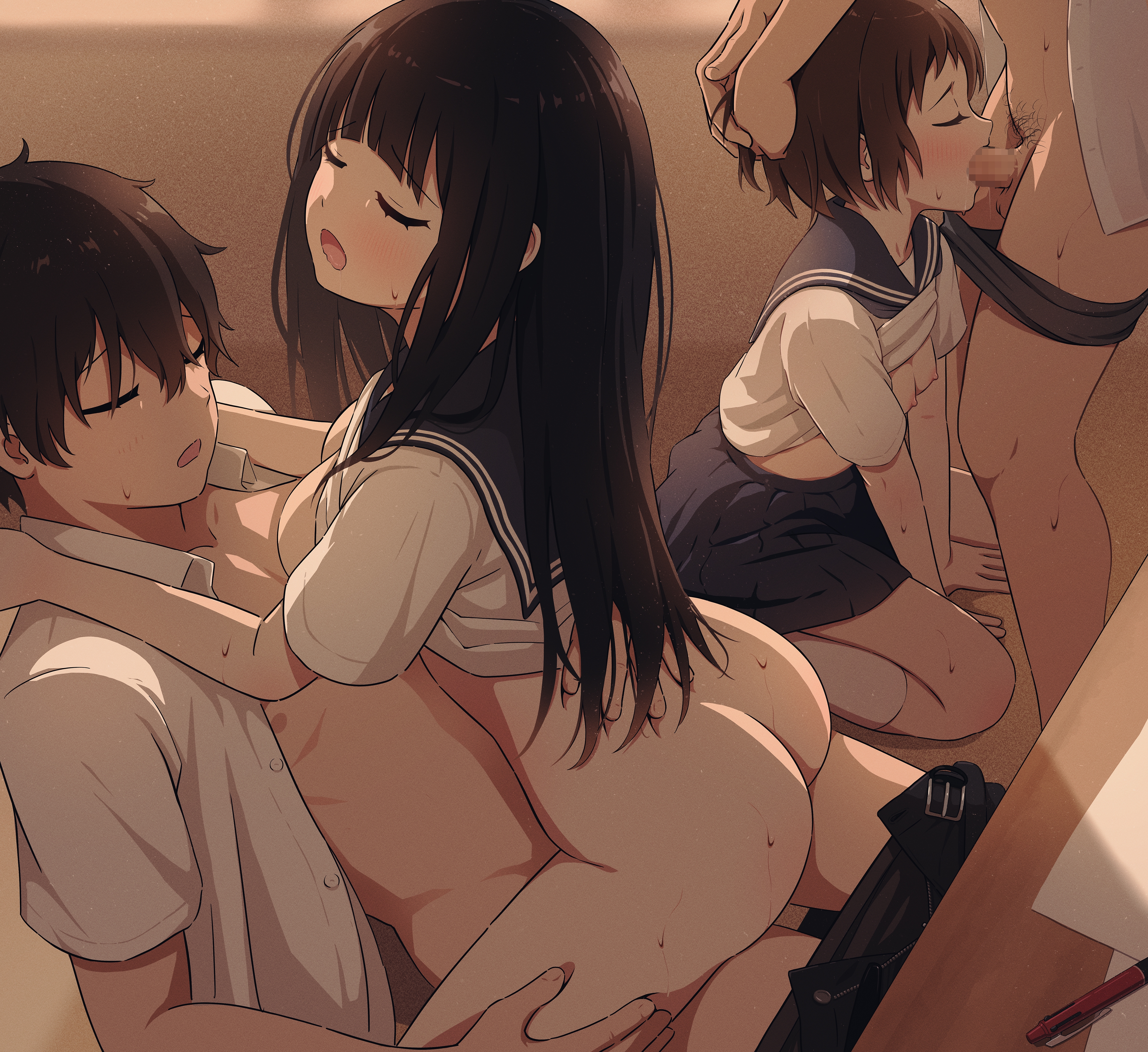 2boys, 2girls, asou (asabu202), breasts, chitanda eru, fellatio, hyouka, ibara mayaka, oreki houtarou, sex, small breasts, tagme