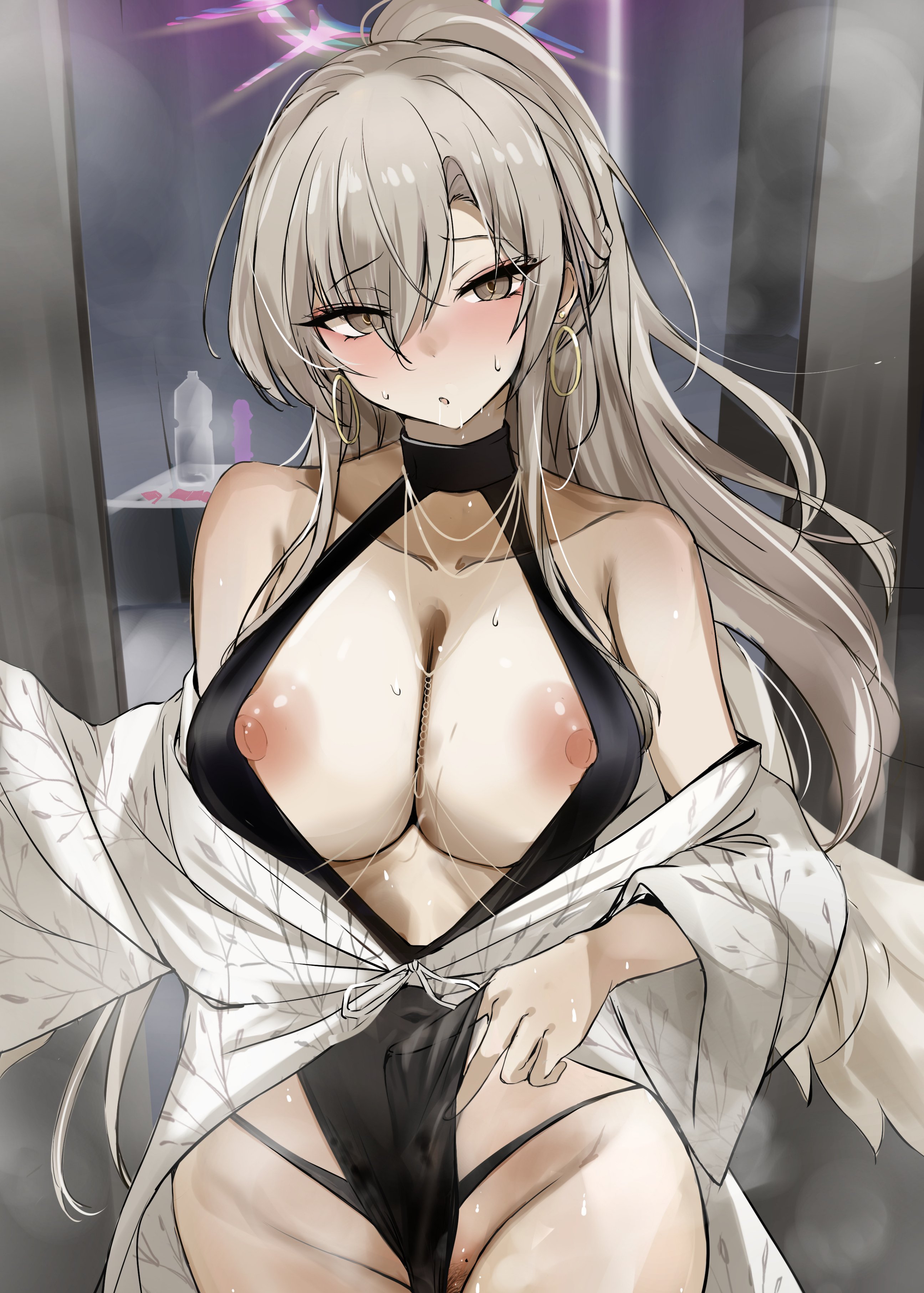 1girls, absurdres, black one-piece swimsuit, blonde hair, blue archive, blush, breasts, cleavage, commentary request, feathered wings, halo, highres, large breasts, long hair, looking at viewer, low wings, nagisa (blue archive), nagisa (swimsuit) (blue archive), nipples, official alternate costume, official alternate hairstyle, one-piece swimsuit, open clothes, pink halo, ponytail, sweat, swimsuit, tsuzuri (itosousou), white wings, wings