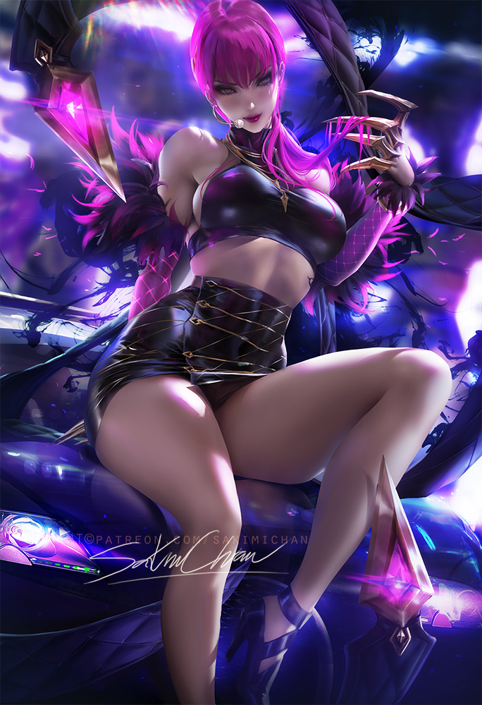 alternate costume, breasts, cleavage, evelynn, female, female only, high heels, k/da evelynn, k/da series, league of legends, lipstick, looking at viewer, panties, pinup, sakimichan, silhouette, solo, thighhighs