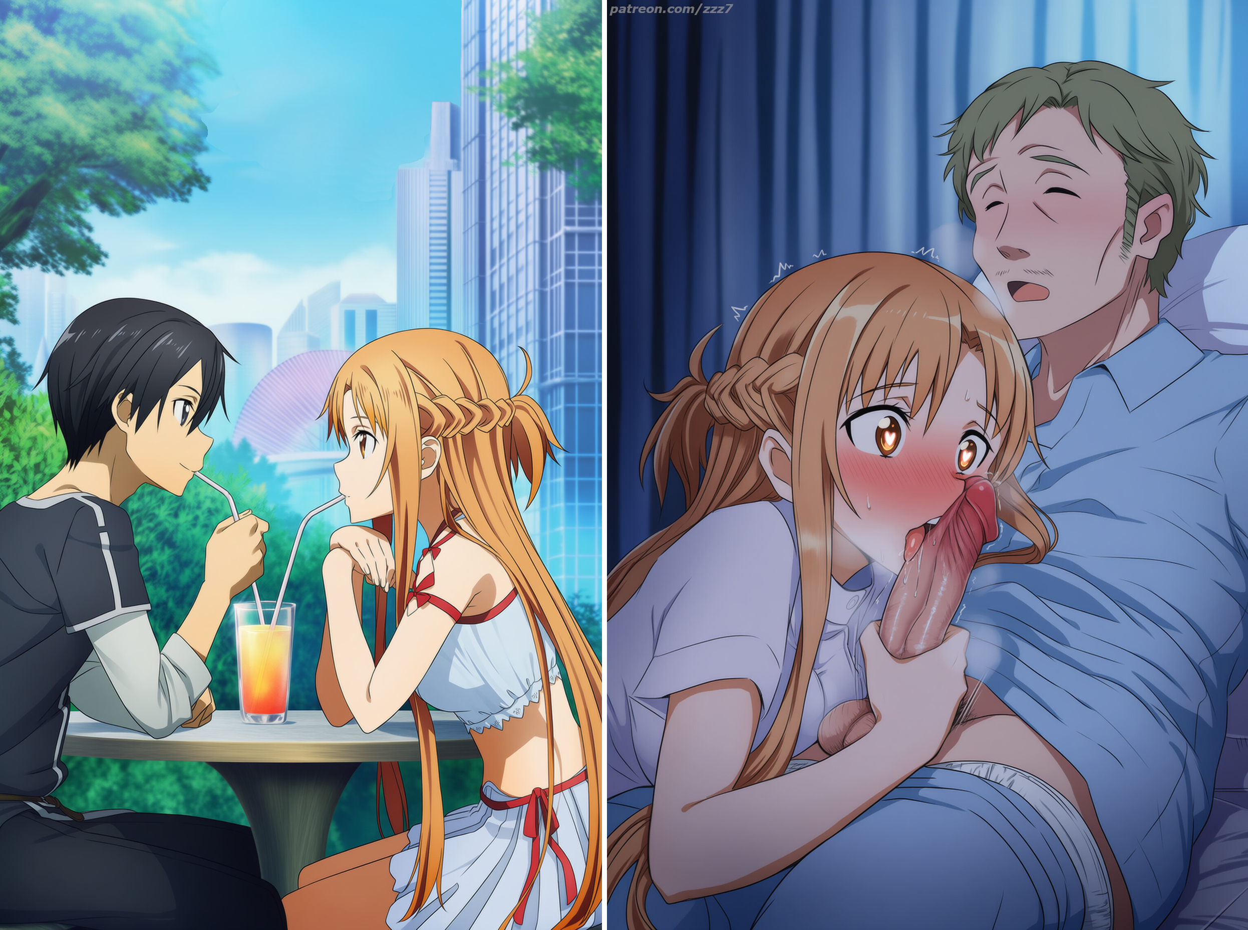 1boy, 1girls, 2boys, ai generated, asuna (sao), asuna yuuki, blowjob, blush, cock shock, cock worship, comparison, cuckold, date, day, day vs night, excited, fellatio, female, flustered, handjob, heart-shaped pupils, kirito, licking, multiple images, naughty, naughty face, netorare, night, ntr, nurse, penis grab, penis out, saliva, split screen, sweat, sword art online, testicles, tongue, versus, vs, watermark, yuuki asuna, zzz7