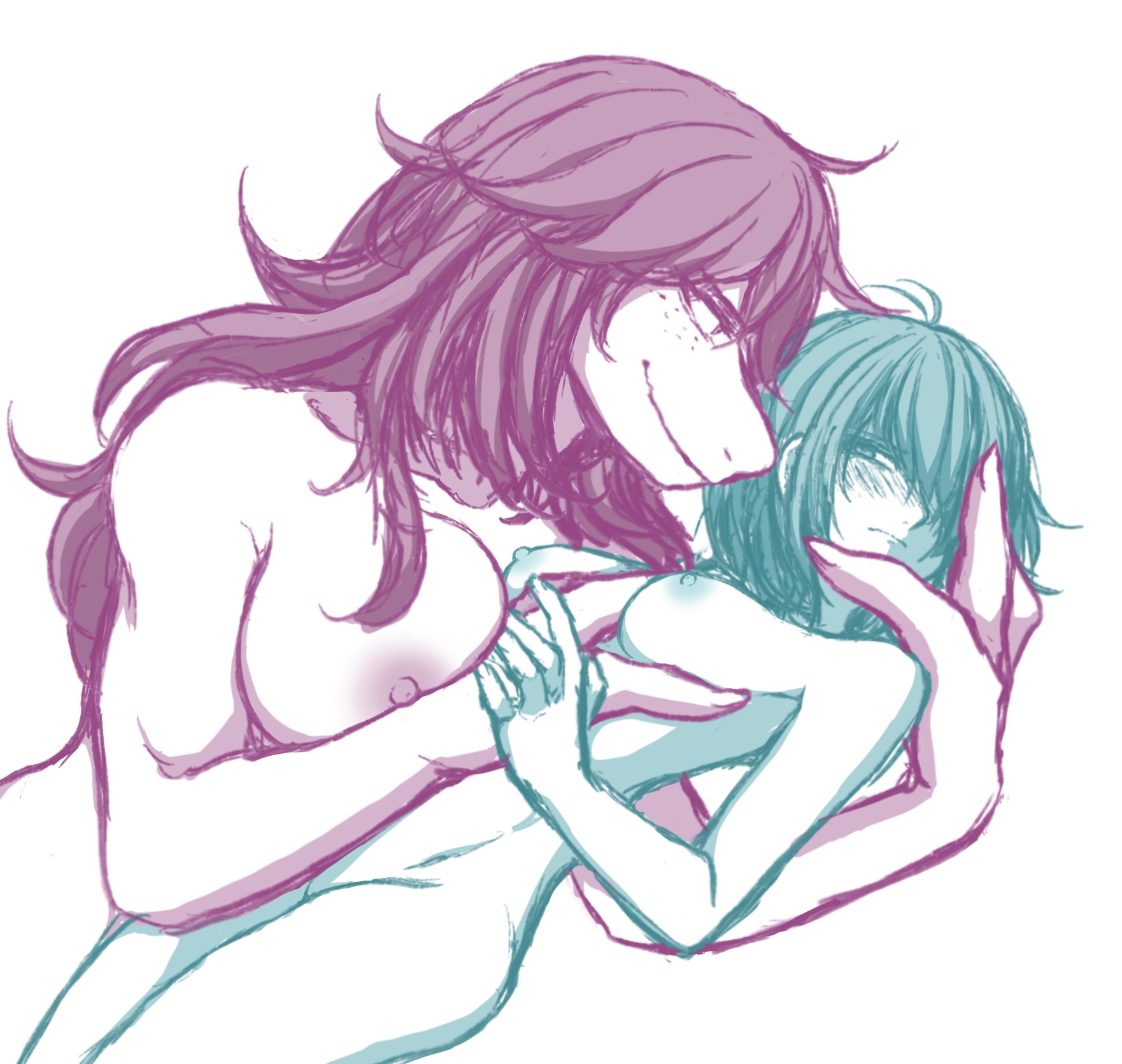 artist request, deltarune, groping, groping breasts, human female, human on anthro, kris (deltarune), kris female (deltarune), size difference, susie (deltarune), yuri