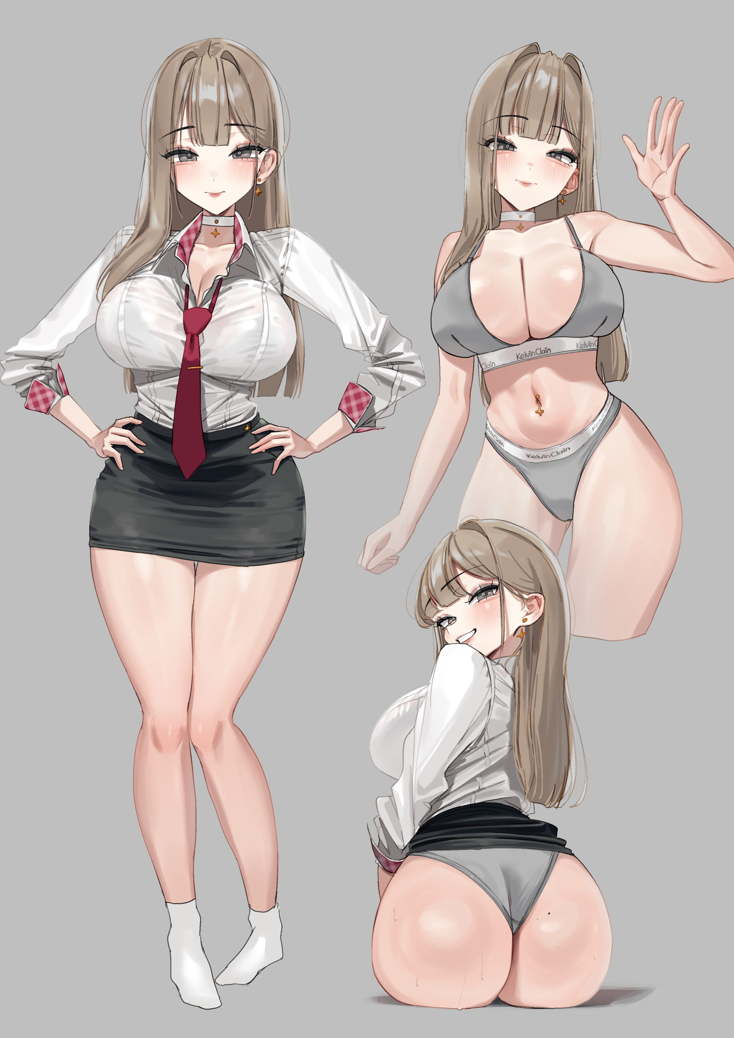 1girls, ass, bare shoulders, black skirt, bra, bra visible through clothes, breasts, brown eyes, brown hair, calvin klein, choker, cleavage, clothes, clothes lift, earrings, female, female only, grey bra, grey panties, large ass, large breasts, long hair, long sleeves, looking at viewer, looking back, looking back at viewer, matching hair/eyes, miniskirt, mole, mole on ass, navel, navel piercing, necktie, no shoes, original, original character, panties, pazzimo, piercing, shirt, simple background, skirt, skirt lift, socks, sole female, solo, solo female, solo focus, underwear, white choker, white shirt, white socks, yunji (pazzimo)