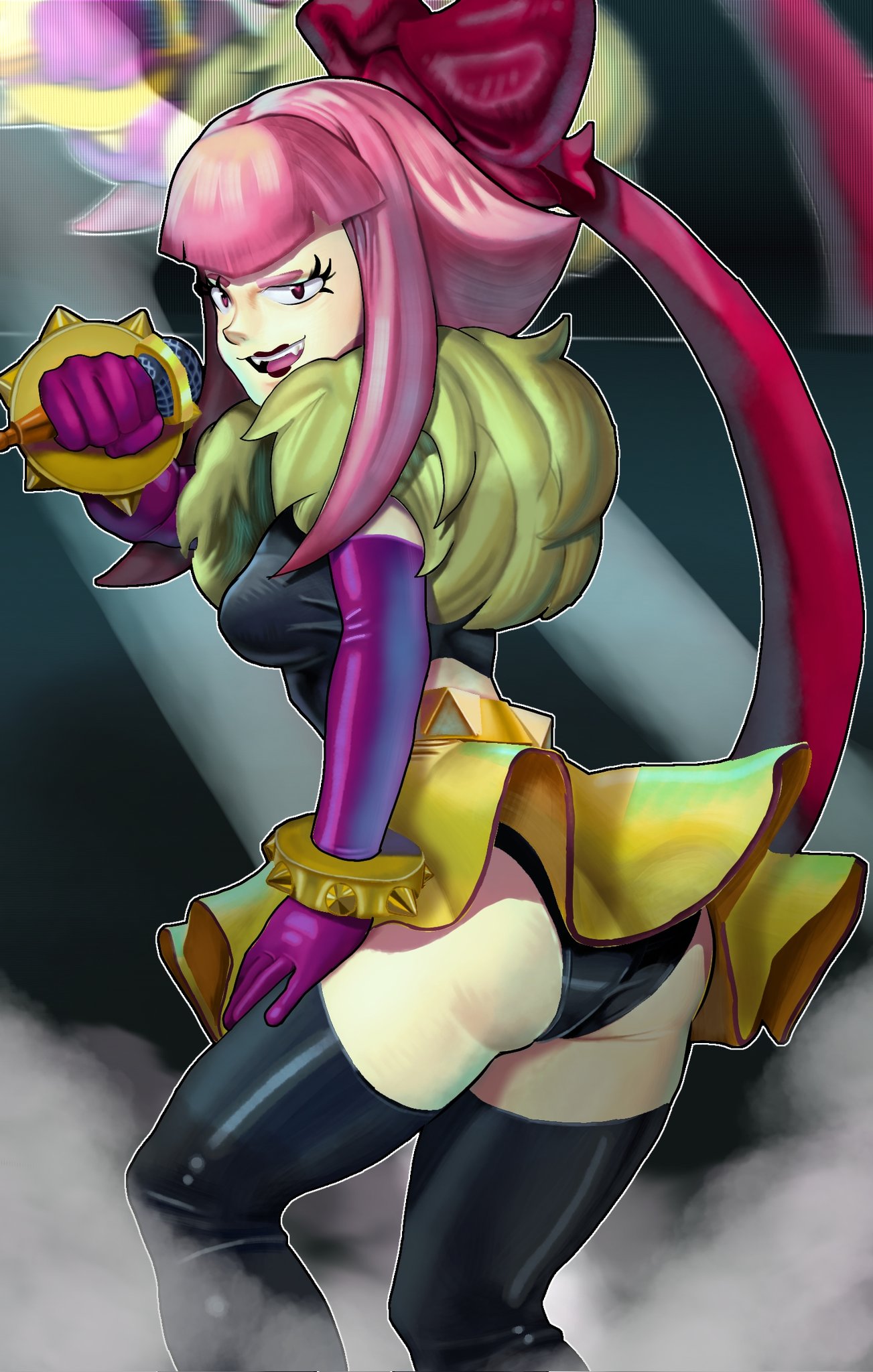 ass, big ass, brawl stars, breasts, cordonnoir, looking at viewer, medium breasts, melodie (brawl stars), pink hair, red eyes, skirt, tagme, upskirt