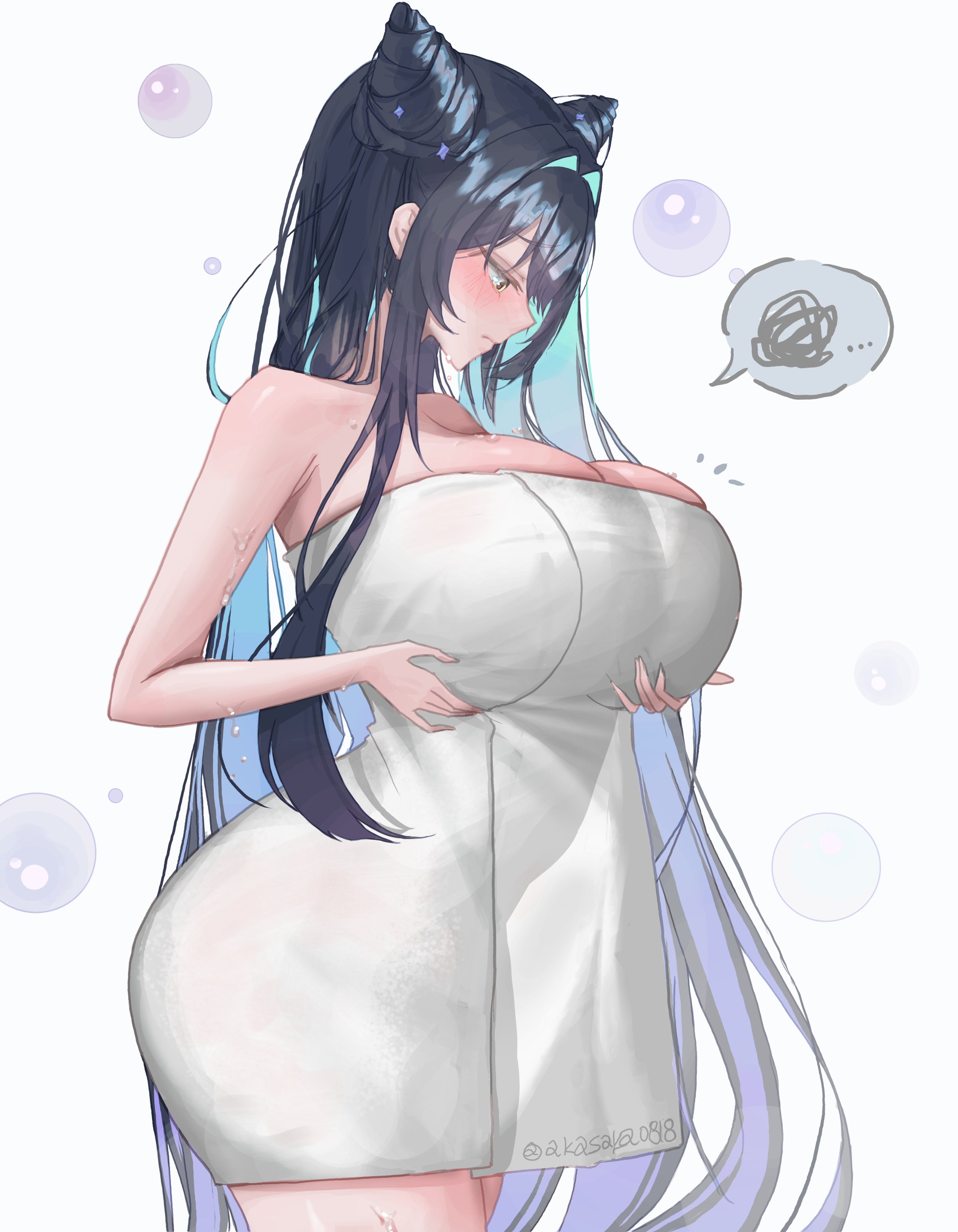 1girl, 1girls, alternate breast size (larger), aqua hair, armpit crease, bare arms, bare shoulders, black hair, blue hair, blush, body lines, breast conscious, breast lift, breasts, bubble, cleavage, closed mouth, colored inner hair, cone hair bun, cowboy shot, double bun, female, female only, from side, goddess of victory: nikke, gradient hair, grey background, hair bun, hands up, huge breasts, inconvenient breasts, kiki (akasaka0818), little mermaid (nikke), long hair, looking at breasts, looking at own breasts, looking at self, looking down, multicolored hair, naked towel, notice lines, profile, purple hair, see-through, see-through silhouette, sidelocks, signature, simple background, siren (nikke), solo, speech bubble, spoken squiggle, squiggle, standing, thick thighs, towel, twitter username, very long hair, wet, wide hips, yellow eyes
