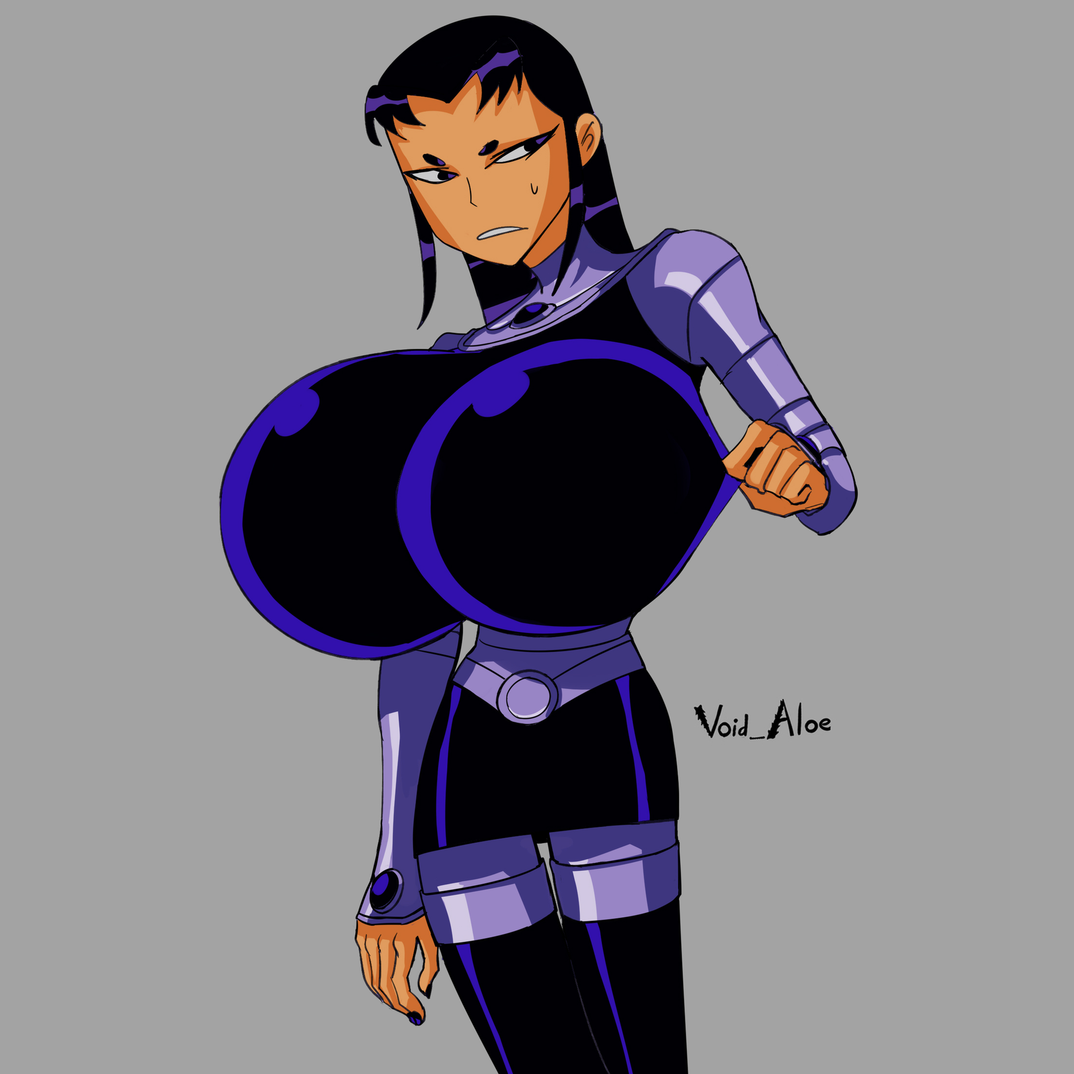 1girls, blackfire, breasts bigger than head, clothed, female, female only, huge breasts, inconvenient breasts, no bra, solo, solo female, solo focus, teen titans, tight clothing, very tight cloth, void aloe