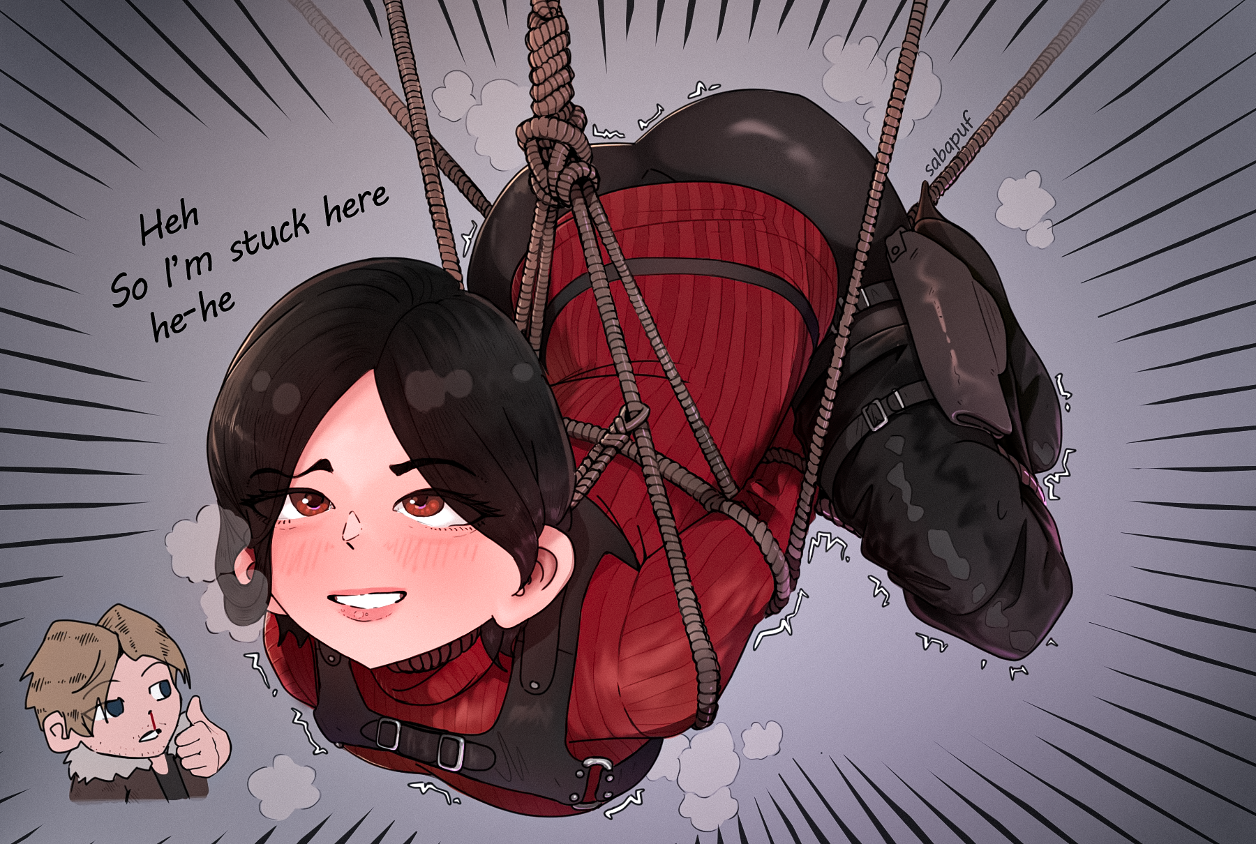 2d, 2d (artwork), 2d artwork, ada wong, bondage, dark hair, dress, female, female only, high heels, legs, leon scott kennedy, open mouth, red dress, red sweater, resident evil, resident evil 4, resident evil 4 remake, rope, rope bondage, sabapuf, shibari over clothes, sweater, tagme, tighs, tucked legs