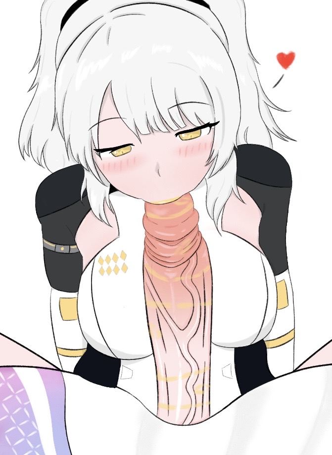 1futa, 1girls, big penis, blowjob, blush, breasts, clothed, clothed sex, fellatio, female, futa with female, futanari, heart, highres, karenina (punishing: gray raven), oral, punishing: gray raven, robot girl, teddy (artist), teddy (punishing: gray raven), twintails, veiny penis, white hair