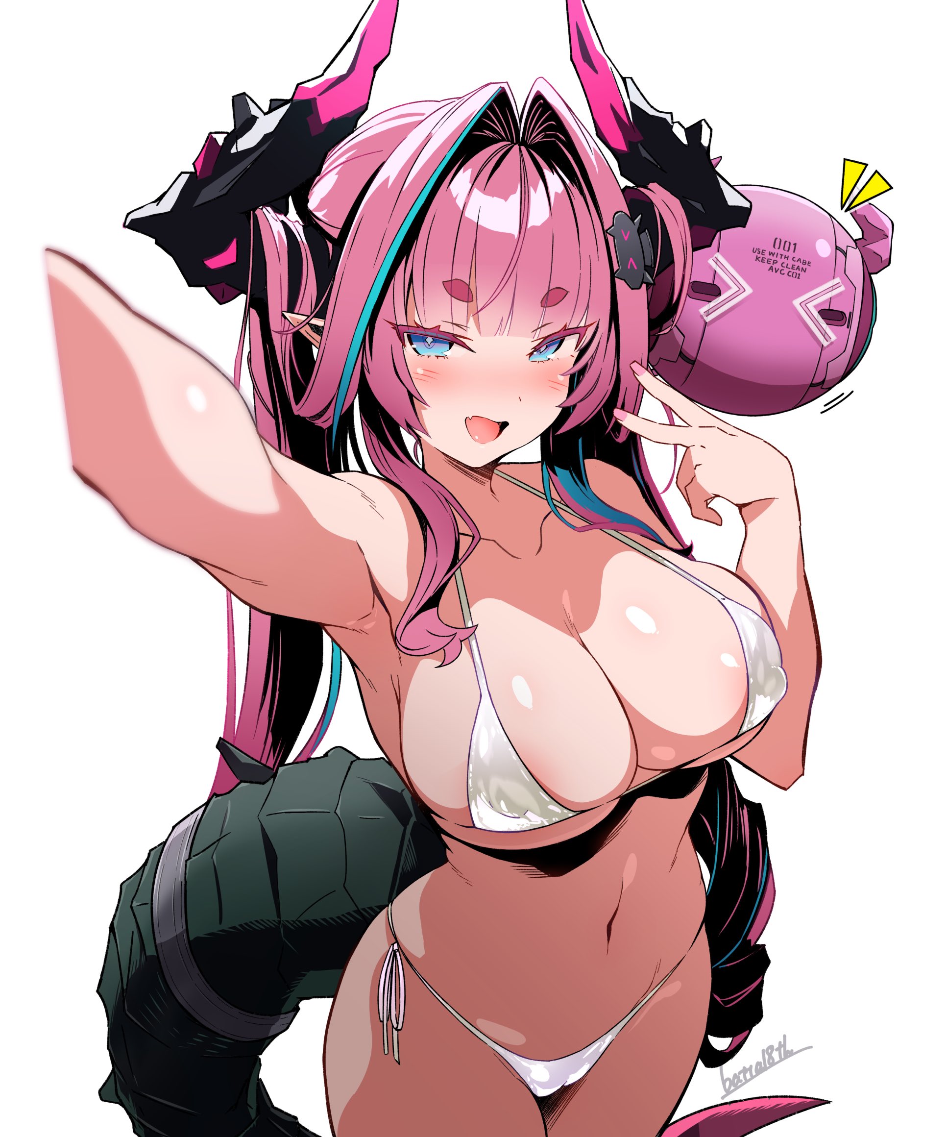 aqua hair, arknights, arknights: endfield, armpits, batta 16-sei, bikini, black horns, blue eyes, border, breasts, commentary request, dragon girl, dragon horns, dragon tail, drone, female, highres, horns, large breasts, long hair, looking at viewer, multicolored hair, multicolored horns, navel, open mouth, pink background, pink hair, pink horns, pinstripe bikini, pointy ears, solo, stomach, swimsuit, tail, thighs, two-tone hair, two-tone horns, v, very long hair, white bikini, white border, yvonne (arknights: endfield)