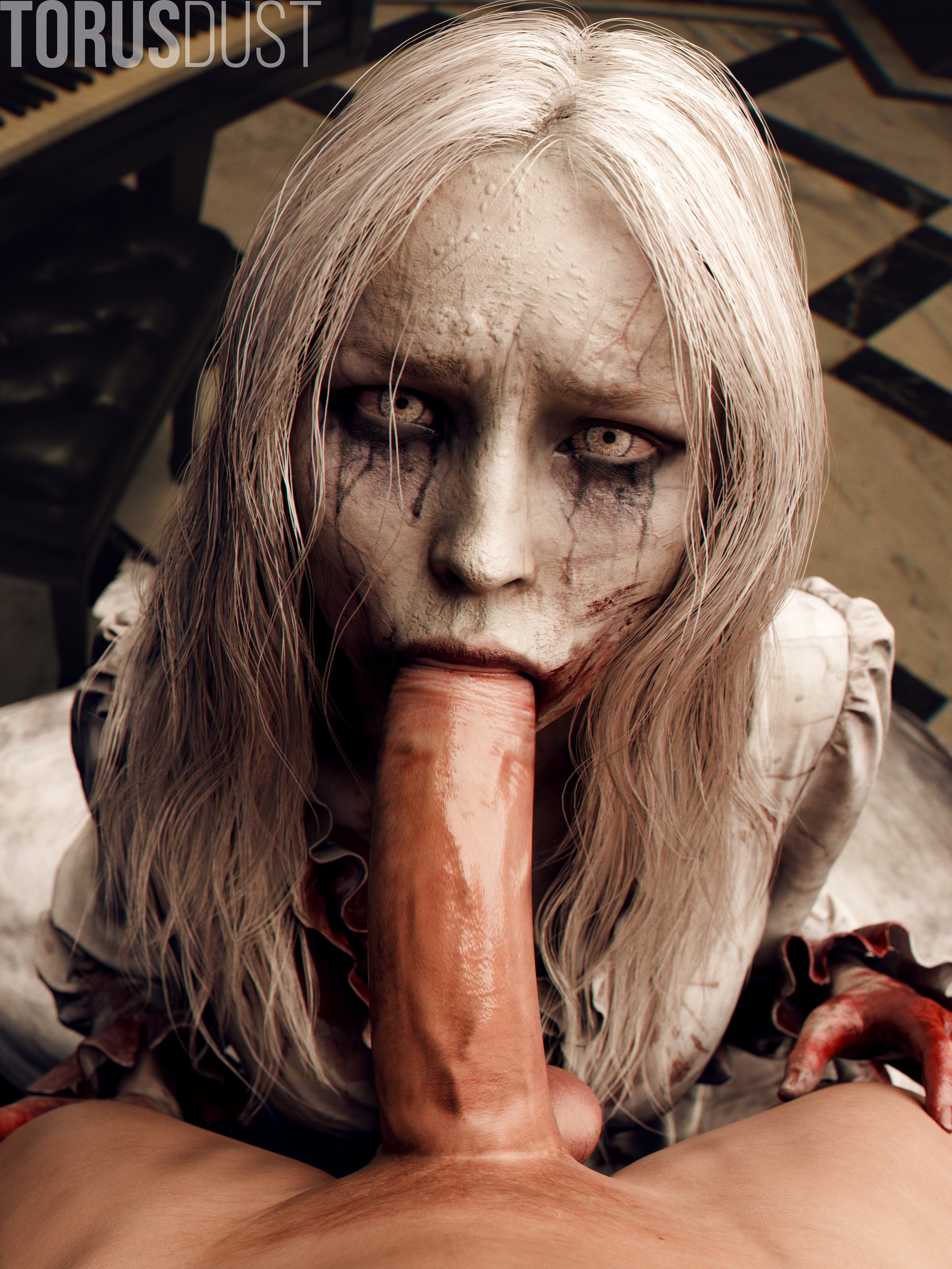 1boy, 1girls, 3d, big penis, black pupils, blood in mouth, blood on hand, blood stain, blowjob, clothed, clothed female, clothed female nude male, completely nude, completely nude male, fellatio, female, grey body, grey skin, grey-skinned female, kneeling, large penis, light hair, light-skinned male, male, male human/female undead, oral, pale skin, pale-skinned female, partial male, penis, penis in mouth, pov, pov male, resident evil, resident evil 9: requiem, selena corey, submissive female, sucking, sucking penis, sweating, torusdust, undead, undead female, white dress, white hair, white iris, zombie, zombie girl