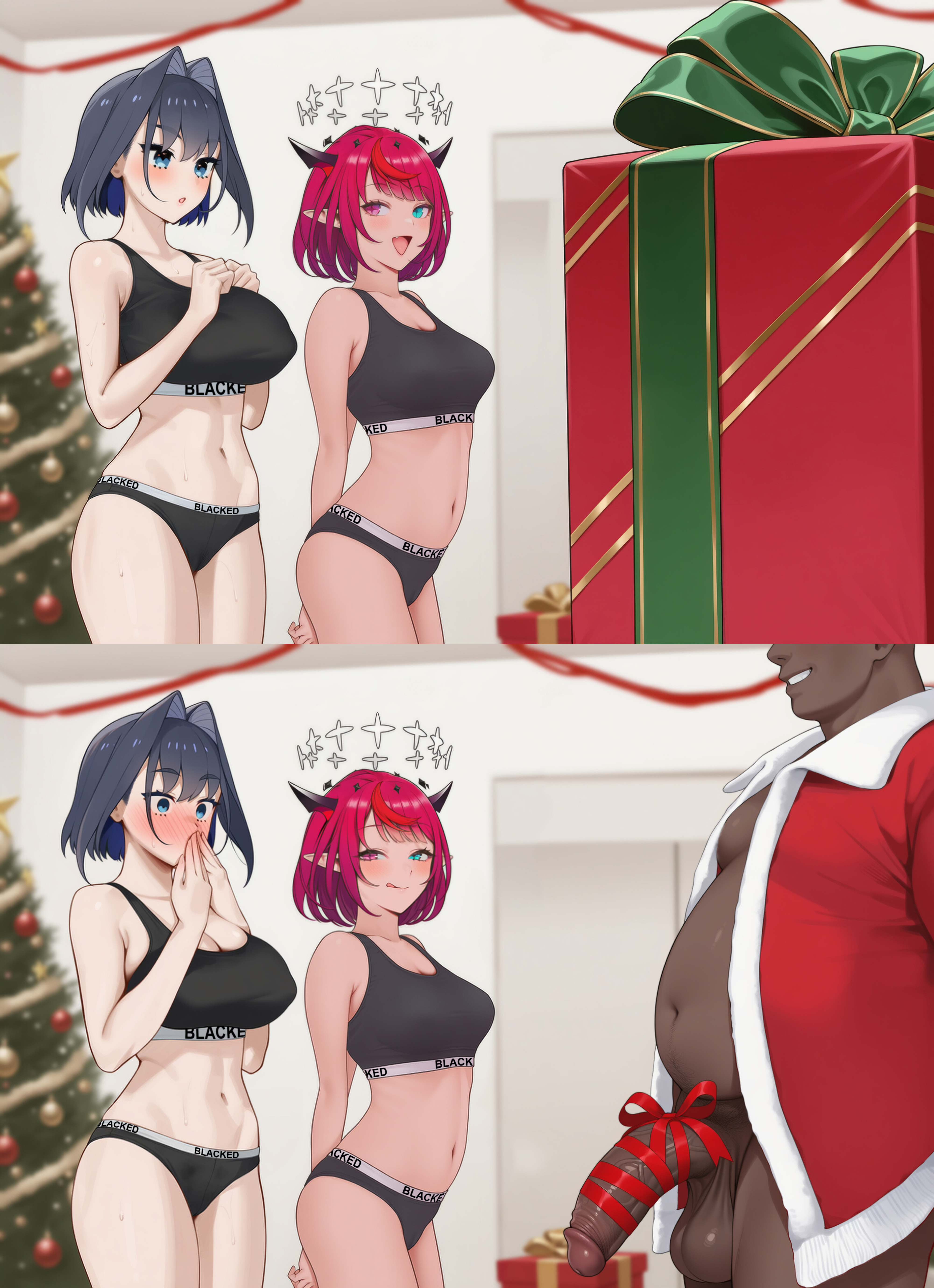 1boy, 2girls, 2koma, ai generated, big breasts, big cock, big penis, black hair, blacked, blacked clothing, blue eyes, blush, box, christmas clothing, christmas outfit, christmas present, christmas tree, dark-skinned male, fat male, gift, gift box, halo, heterochromia, hololive, hololive english, horns, interracial, irys (hololive), large breasts, light-skinned female, looking at penis, medium breasts, mikerss, multiple girls, ouro kronii, penis awe, red hair, snowbunny, suprised, virtual youtuber