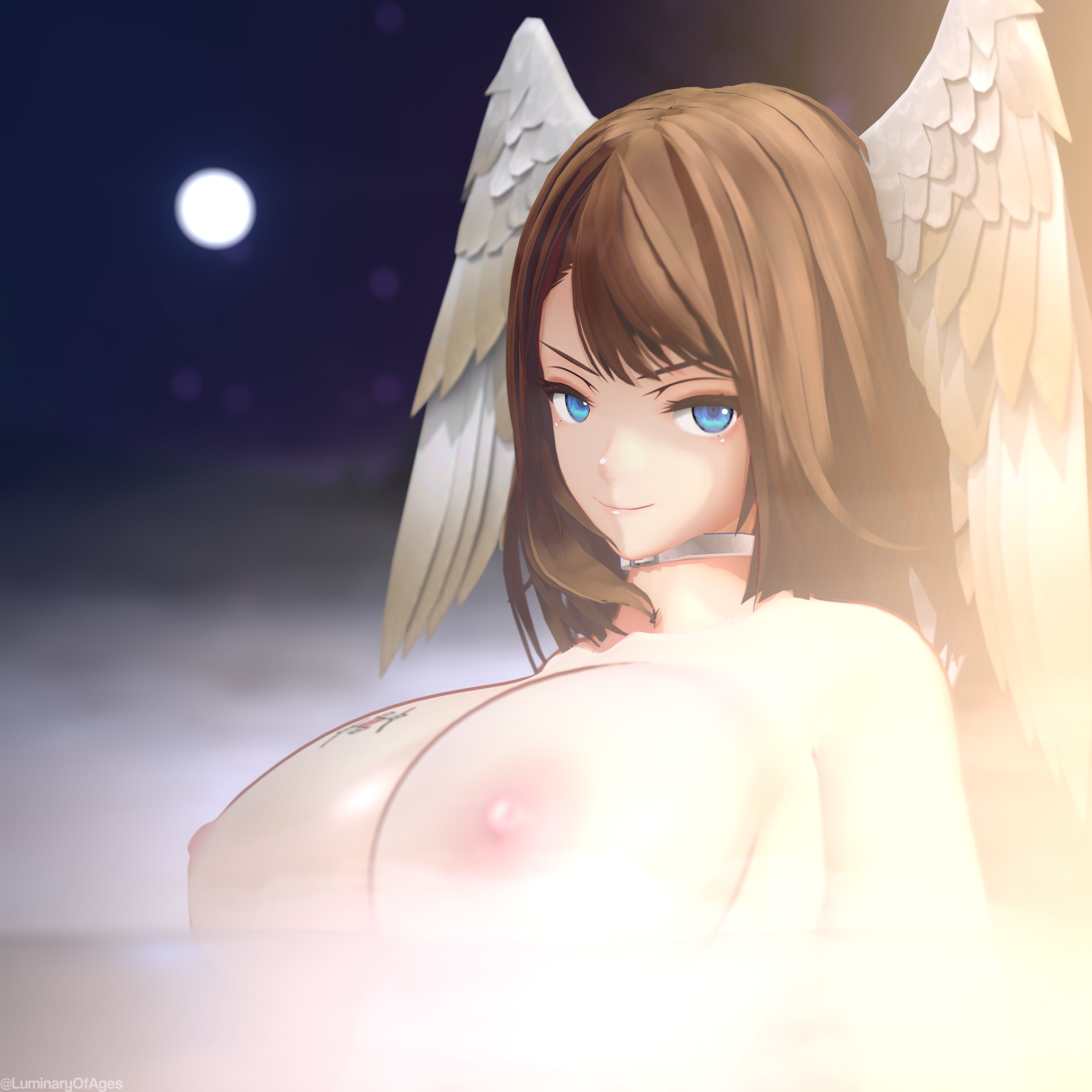 1girls, 3d, 3d (artwork), big breasts, breasts, brown hair, eunie (xenoblade), female, female only, head wings, hot spring, light-skinned female, luminaryofages, naked, nintendo, nipples, nude, nude female, solo, wings on head, xenoblade (series), xenoblade chronicles 3