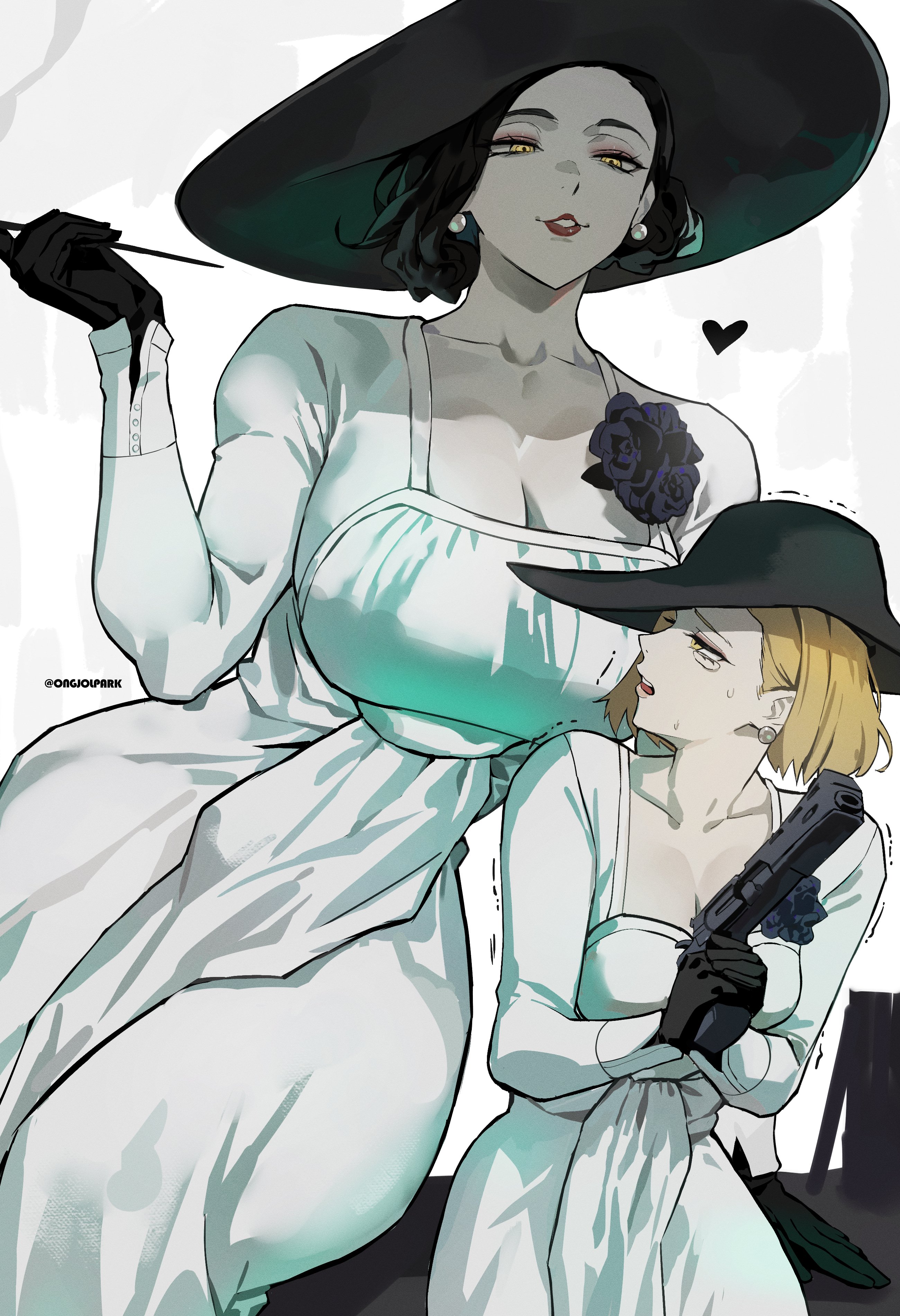 2girls, alcina dimitrescu, alcina dimitrescu (cosplay), artist name, big breasts, black hair, blonde hair, breast size difference, breasts, breasts bigger than head, capcom, cleavage, clothed, clothing, cosplay, dress, duo, earrings, female, female only, giantess, gloves, grace ashcroft, grace ashcroft (dimitrescu costume), gun, hat, heart, hourglass figure, huge breasts, large breasts, larger female, massive breasts, mature female, milf, nervous, ongjolpark, petite, requiem (gun), resident evil, resident evil 8: village, resident evil 9: requiem, short hair, size difference, slim waist, small breasts, smaller female, sweat, thick, thick thighs, thighs, thighs bigger than head, thunder thighs, voluptuous, voluptuous female, watermark, weapon, white background, wide hips, yellow eyes