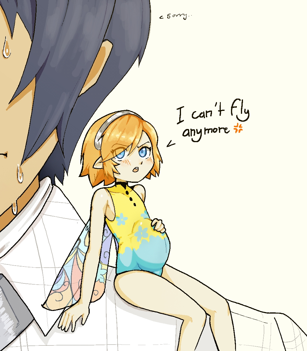 1boy 1girls blush butterfly_wings cumflated_belly cumflation english_text extreme_size_difference fairy fairy_wings female flat_chest gallica gallica_(metaphor:_refantazio) giant hairband highres hinaz0 hinaz1 humanoid insect_wings larger_male leotard macro male male/female metal_hairband metaphor:_refantazio micro micro_on_macro mini_person minigirl multicolored_leotard orange_hair pointy_ears pregnant protagonist_(metaphor:_refantazio) sitting sitting_on_person size_difference small_breasts smaller_female solo_focus transparent_wings wings yellow_leotard