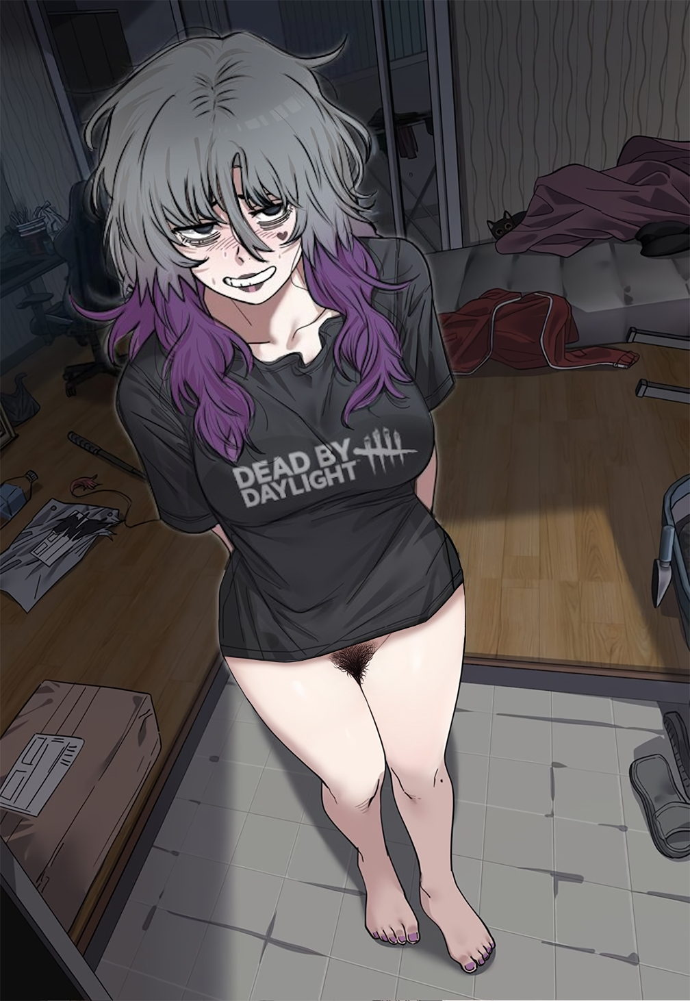 1girls, 2026, arms behind back, awkward, bags under eyes, barefoot, bedroom, black eyes, black lips, black shirt, black shorts, blanket, blush, breasts, chair, cheek tattoo, clutter, commentary, computer, copyright name, dbd, dead by daylight, dolphin shorts, edit, english commentary, epic edster, facial mark, facial tattoo, feet, feline, female, gaming chair, grey hair, hair between eyes, heart, heart facial mark, heart tattoo, indoors, large breasts, light skin, light-skinned female, litter box, long hair, mattress, messy hair, messy room, multicolored hair, pink hair, pubic hair, purple hair, sable ward, shirt, smile, solo, swivel chair, t-shirt, tattoo, trash, white hair, zirarval