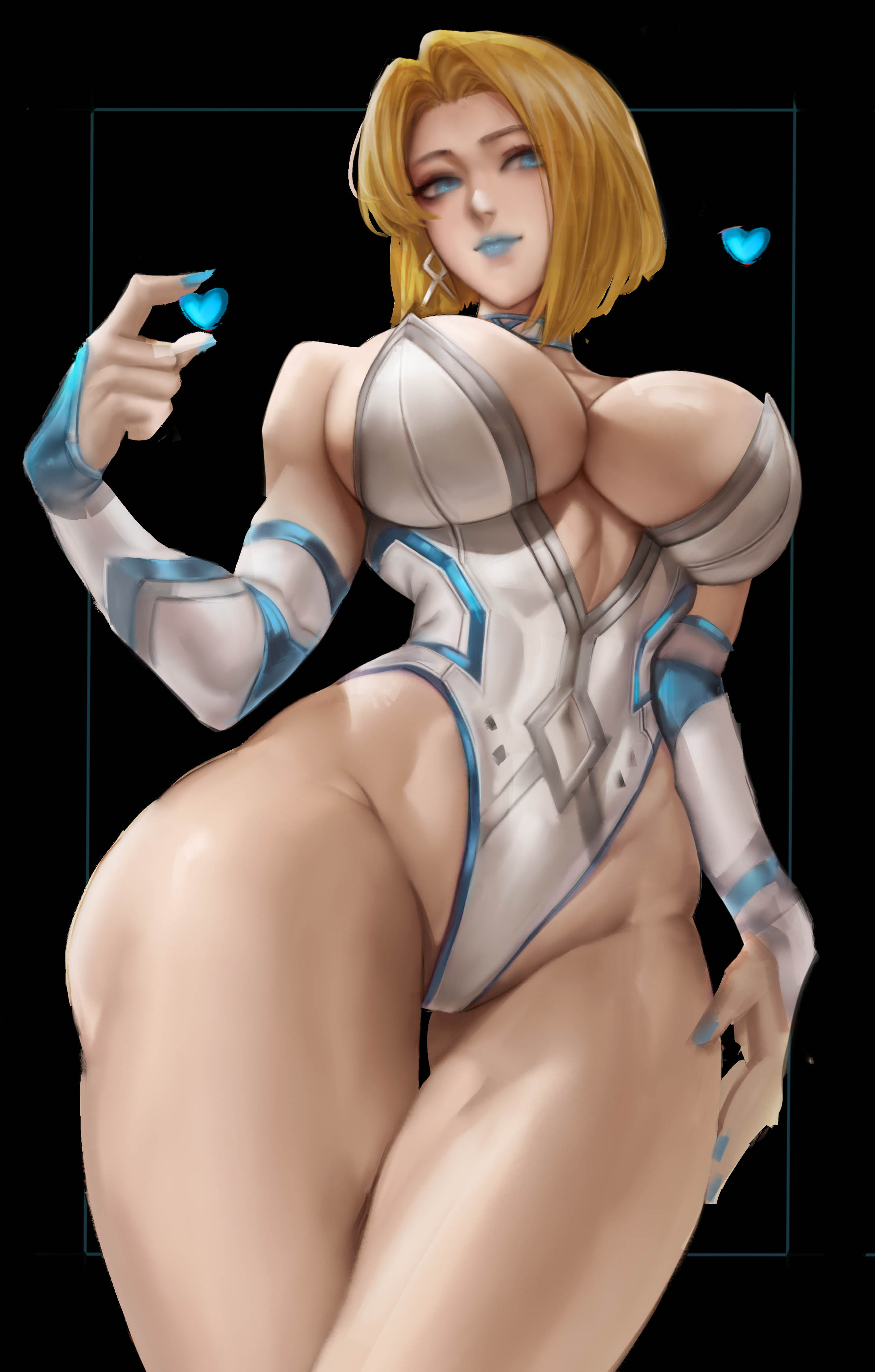 1girls, absurd res, athletic, athletic female, athletic thighs, big breasts, black background, blonde female, blonde hair, blue lipstick, blue nails, bob cut, breasts, emma frost, emma frost (marvel rivals), female, female focus, female only, heart, hi res, large breasts, leotard, light skin, light-skinned female, looking at viewer, marvel, marvel comics, marvel rivals, sheryl 01, simple background, thick thighs, thighs, wide hips