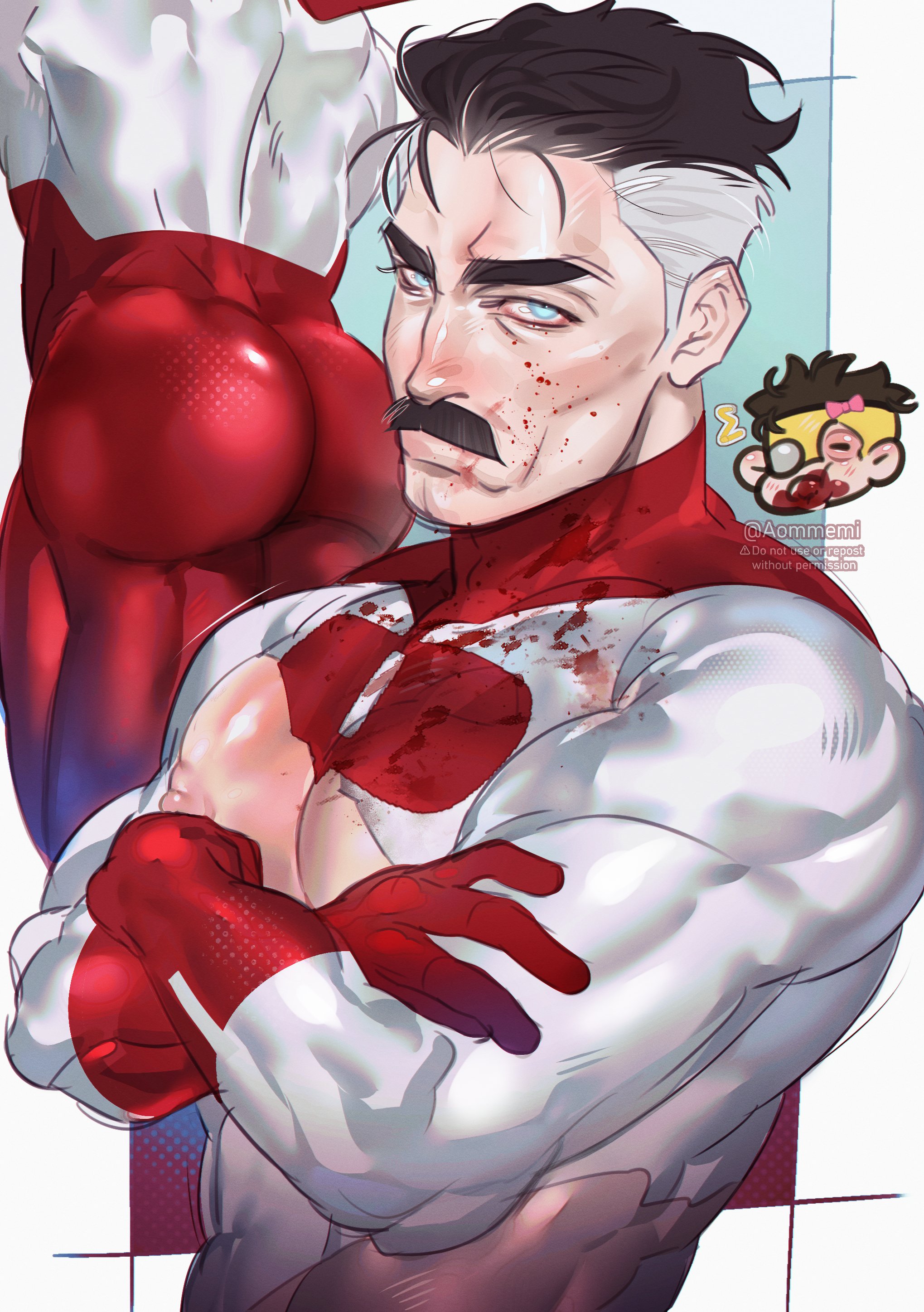 2boys, aommemi, artist name, ass, bara, biceps, big ass, big butt, blood, blue eyes, bubble ass, bubble butt, crossed arms, facial hair, gay, huge ass, invincible, looking at viewer, male, male focus, male only, mark grayson, moustache, muscular, muscular arms, muscular legs, muscular male, muscular thighs, nolan grayson, omni-man, pecs, pectorals, ripped clothing, solo focus, thick thighs, thighs, yaoi