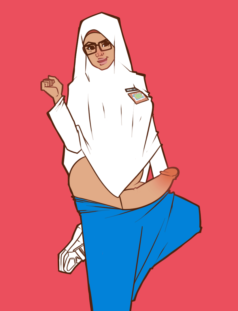 1futa, bolapistarize, clothed, clothed futa, clothing, dark skin, dark-skinned futa, erect penis, erection, foreskin, futanari, glasses, hijab, hijab futa, hijabi, intersex, muslim, muslim futa, original, original character, original characters, penis, pink glans, retracted foreskin, smirk, uncircumcised