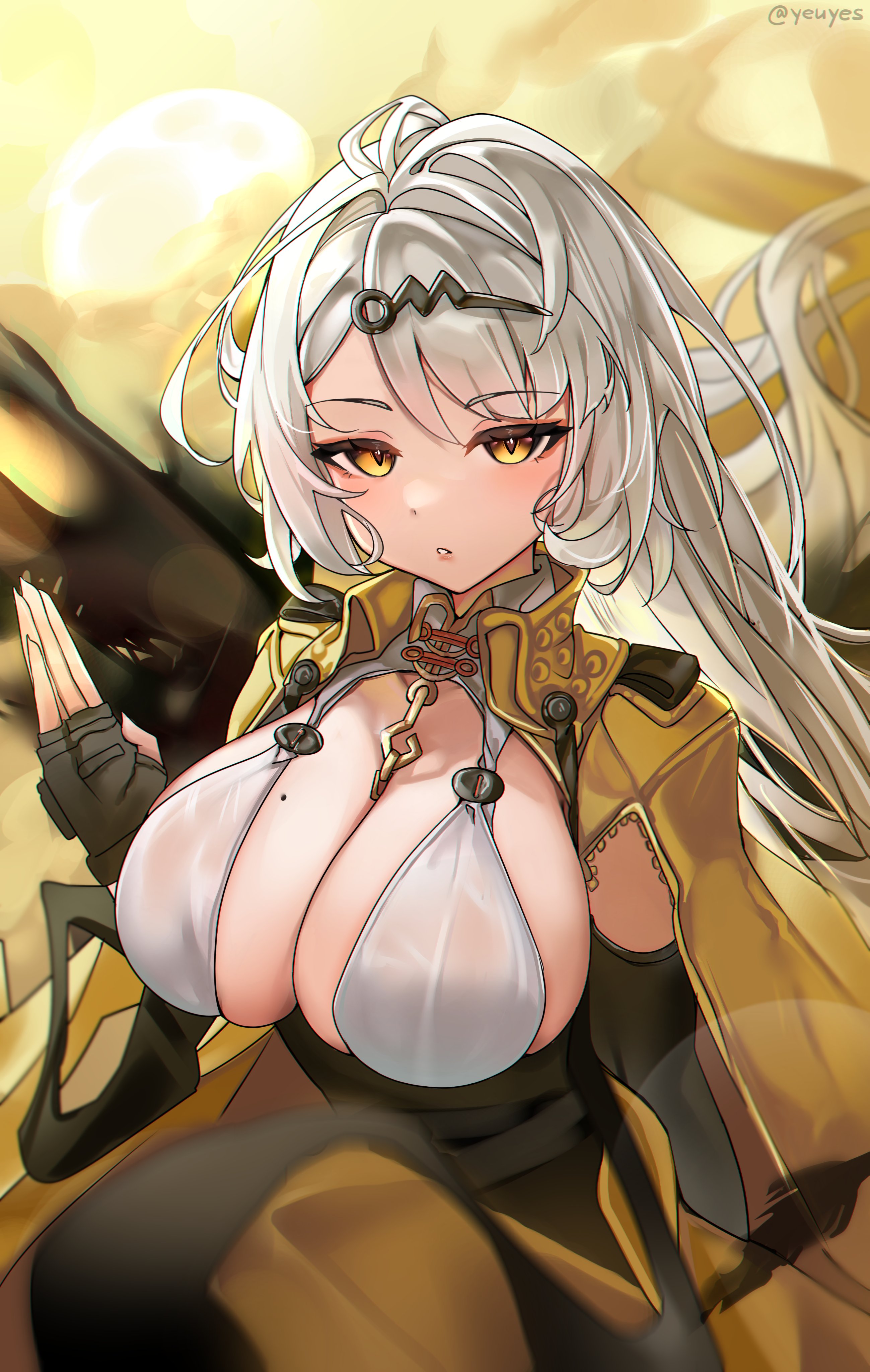 absurdres, bikini, blush, breasts, chinese clothes, coat, coat on shoulders, eyelashes, female, first porn of character, gloves, hair ornament, highres, large breasts, long hair, long sleeves, looking at viewer, mole, mole on breast, open clothes, open coat, open mouth, solo, swimsuit, very long hair, white hair, wings, yellow eyes, yeuyes, yixuan (zenless zone zero), yunkui summit, zenless zone zero