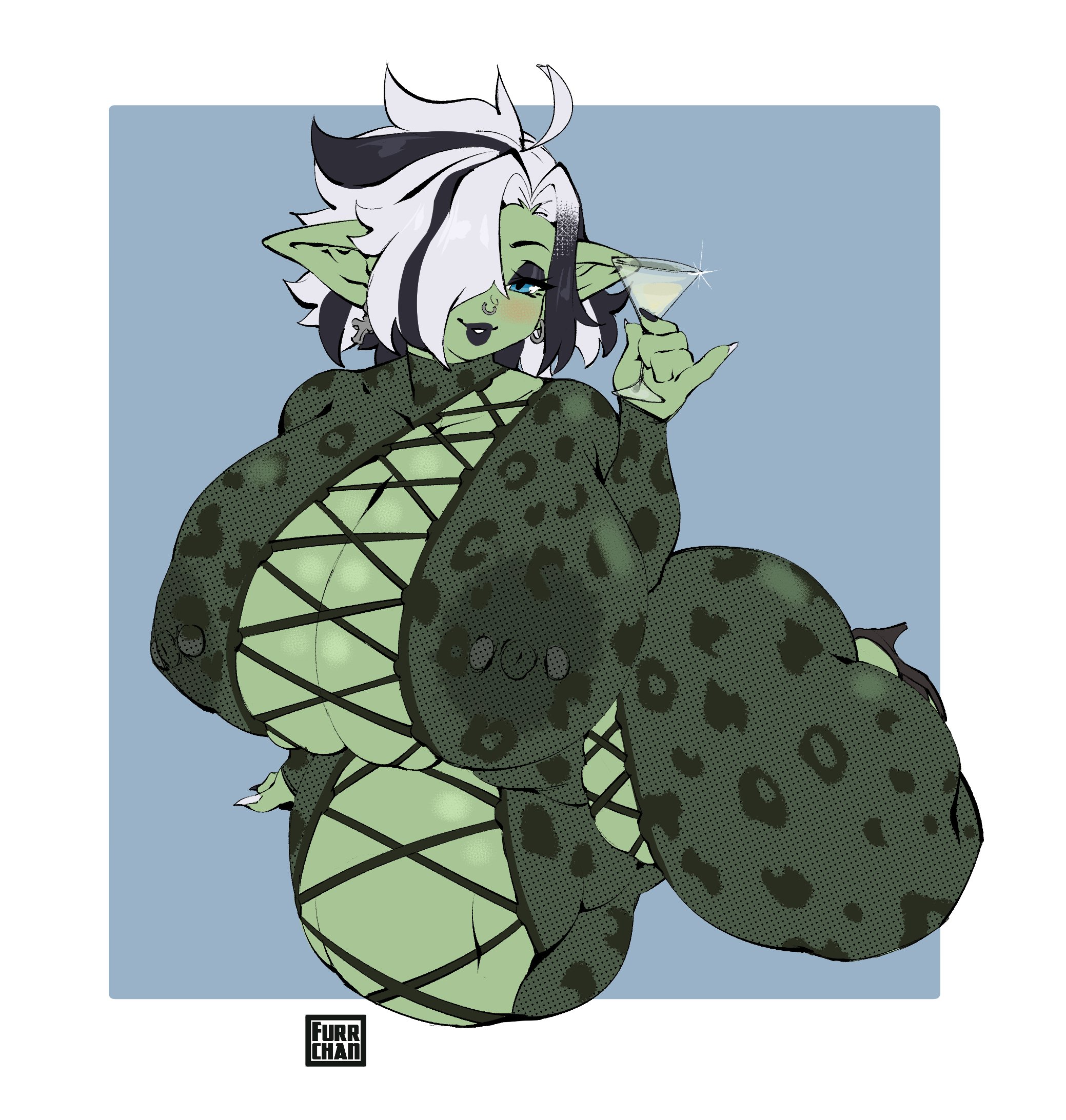 1girls, ahoge, areolae, ashlynn (darkscar), black eyeshadow, black hair, black lipstick, blue eyes, bodystocking, breasts, chubby, chubby female, commission, drinking glass, earrings, female, female only, furrchan, gigantic breasts, goblin, goblin female, goth, green skin, heels, hi res, huge breasts, huge thighs, kneeling, large areolae, looking at viewer, medium hair, narrowed eyes, nipple piercing, nipples, nipples visible through clothing, nose ring, piercing, pointy ears, see-through, see-through clothing, shortstack, smiling, smiling at viewer, solo, thick thighs, two-tone hair, white hair