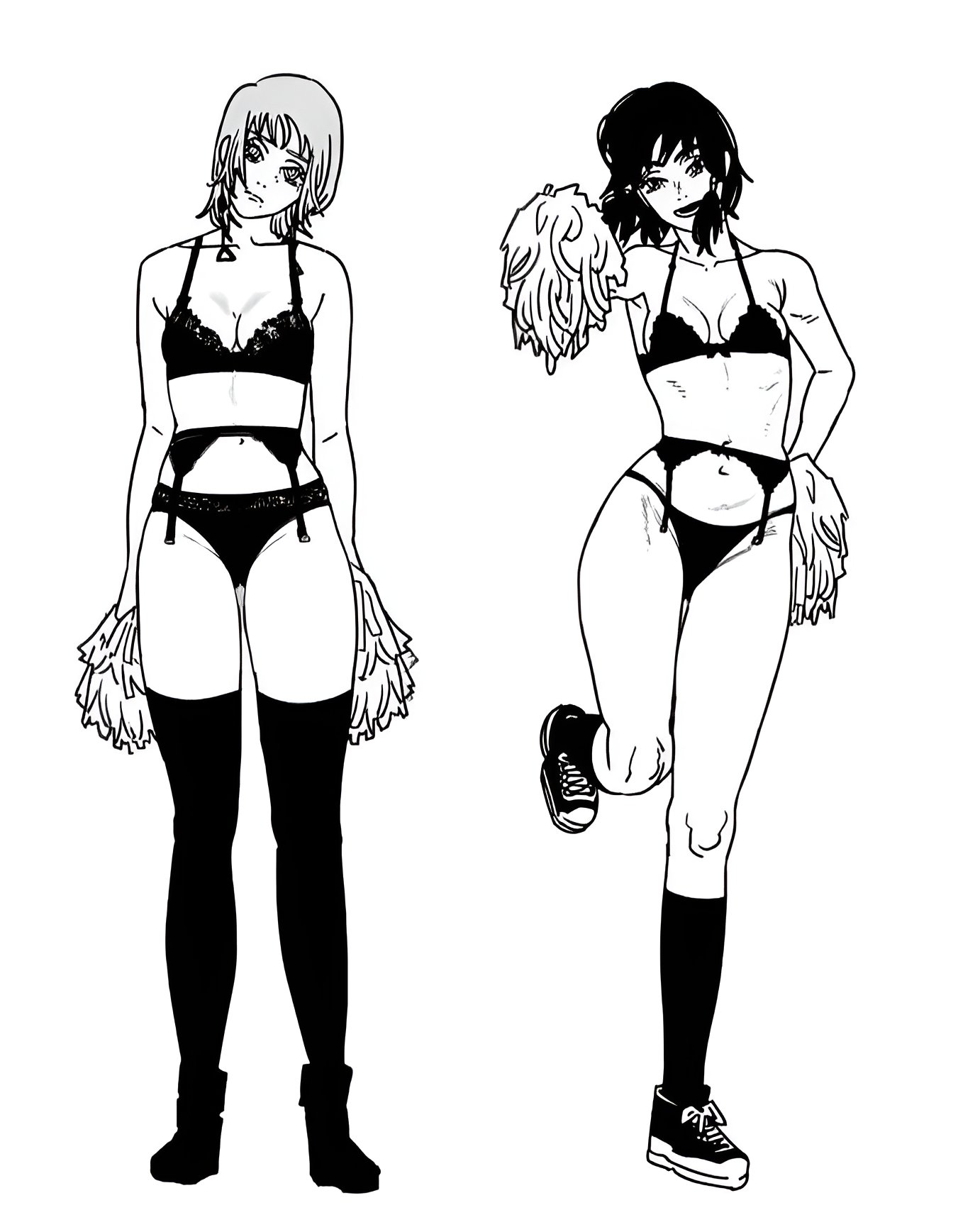 2girls, accurate art style, black and white, black hair, breasts, chainsaw man, cheerleader, death devil (chainsaw man), edit, female, female focus, female only, lingerie, medium breasts, mifune fumiko, monochrome, official art, sneakers, stockings, thighs, weborei38252