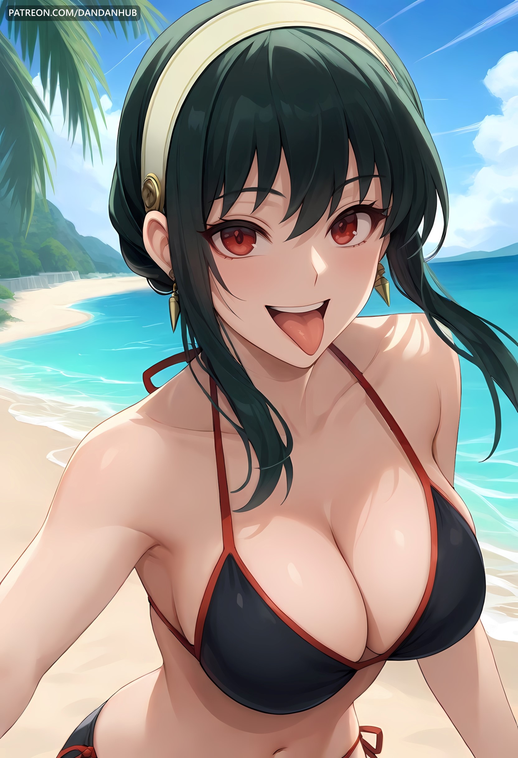 ai generated, bangs, bare shoulders, beach, bikini, black bikini, black hair, blue sky, blush, breasts, cleavage, cloud, collarbone, dandanhub, day, earrings, female, female only, hairband, halterneck, jewelry, large breasts, long hair, looking at viewer, navel, ocean, open mouth, outdoors, red eyes, sand, side-tie bikini bottom, sidelocks, sky, smile, solo, spy x family, stomach, swimsuit, tongue, tongue out, upper body, white hairband, yor briar, yor forger