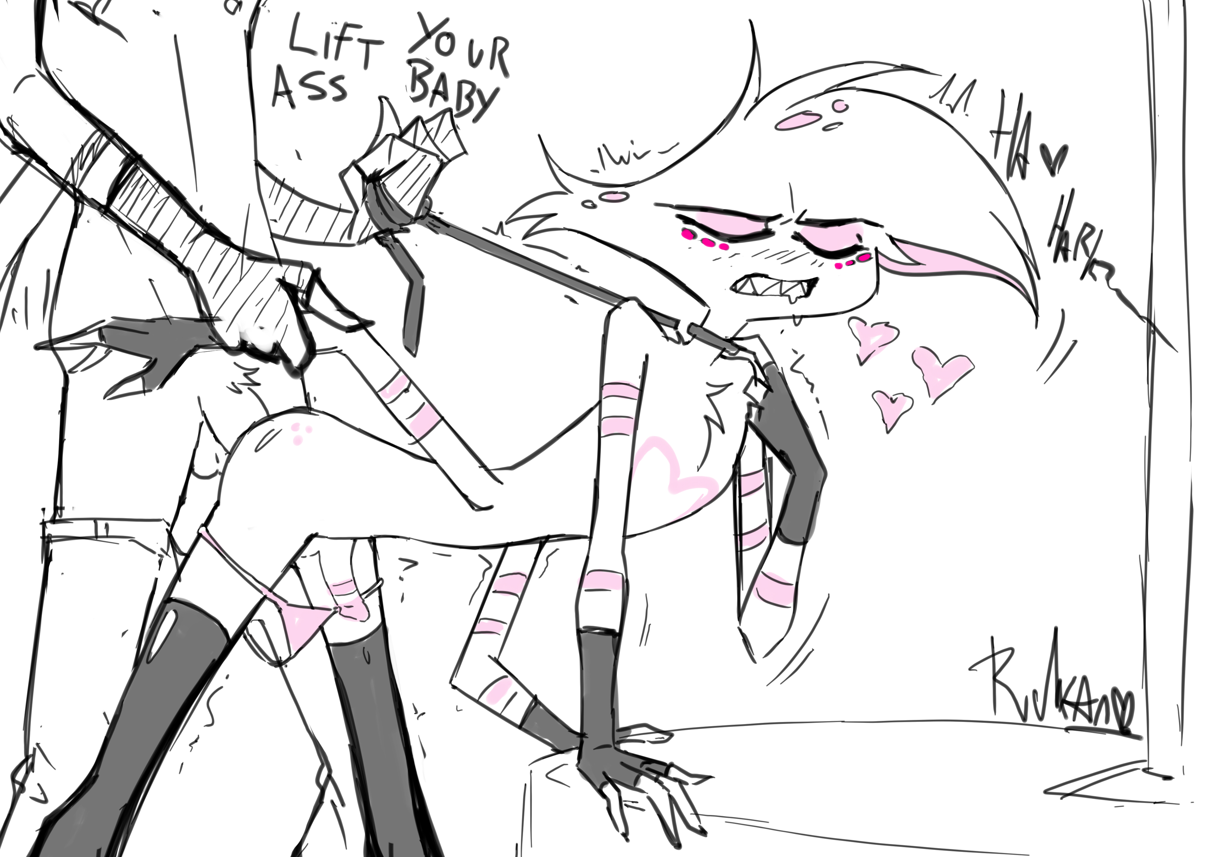 anal, anal penetration, angel dust (hazbin hotel), arms grab, arms grab doggy style, chest tuft, doggy style, femboy, fingerless gloves, gloves, hazbin hotel, hearts around head, learn to tag, leash, male, multiple arms, panties, penis, rukan, soul ownership, tagme, thigh highs, valentino (hazbin hotel)