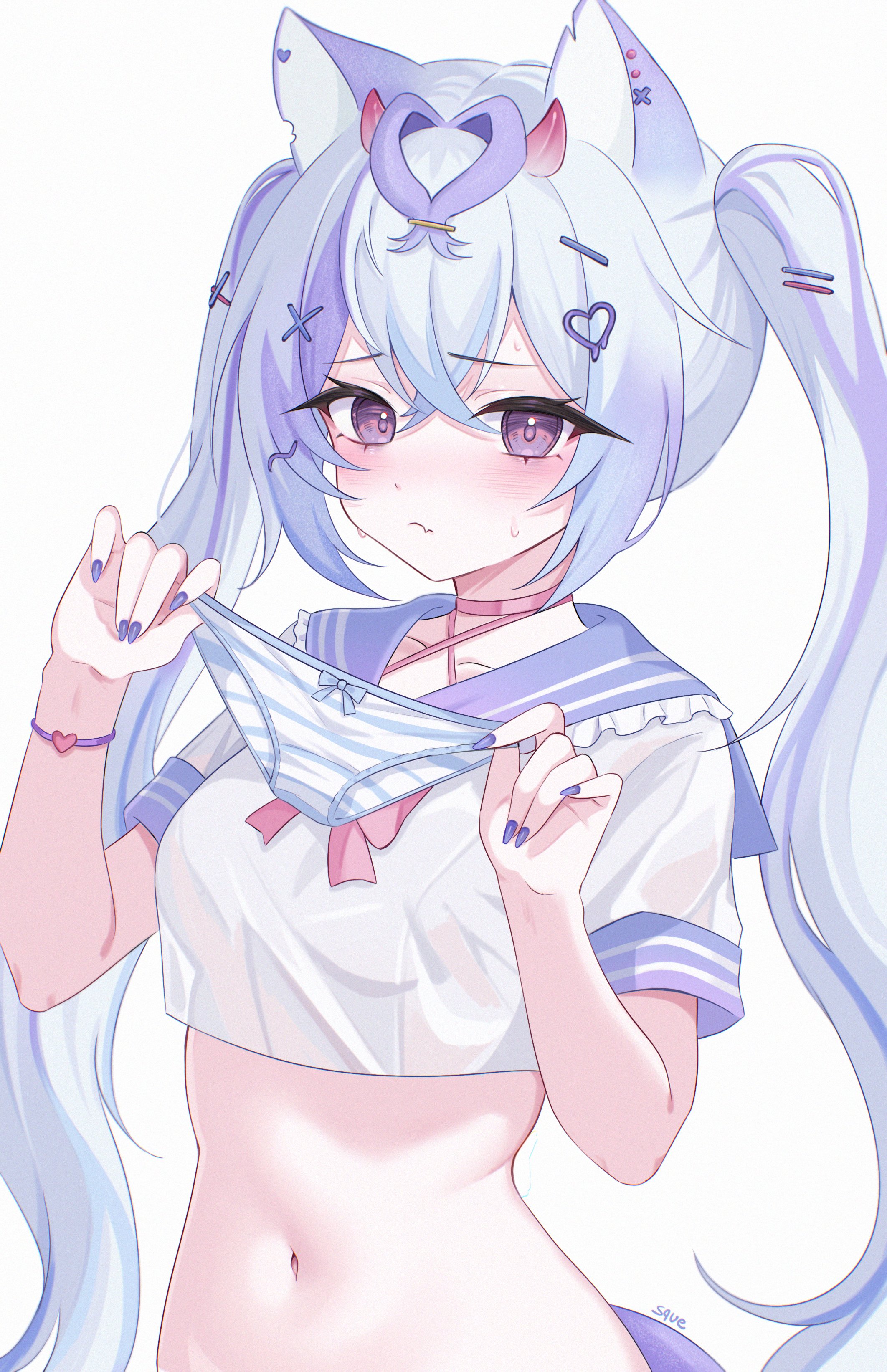 accessory, blush, breasts, cat ears, female, horn, kemonomimi, long hair, looking at viewer, medium breasts, midriff, no bra, original character, panties, purple eyes, school uniform, showing panties, sweat, sweating, tail, white background, white hair, zxcsque
