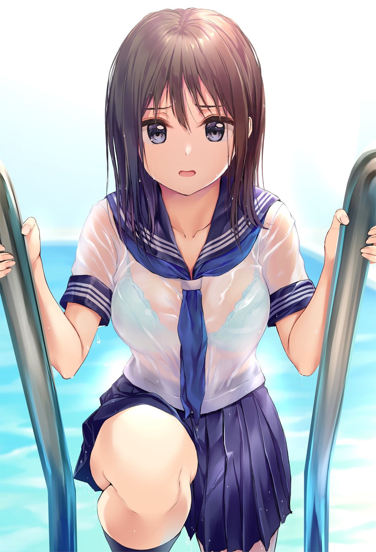 1girls bad_id bad_twitter_id blue_bra blue_eyes blue_skirt bra bra_visible_through_clothes breasts brown_hair commentary female highres inactive_account kneehighs long_hair looking_at_viewer medium_breasts miniskirt neckerchief open_mouth original pasdar pleated_skirt pool pool_ladder sailor_collar school_uniform see-through_clothes serafuku shirt skirt socks solo underwear water wet wet_clothes wet_shirt white_shirt