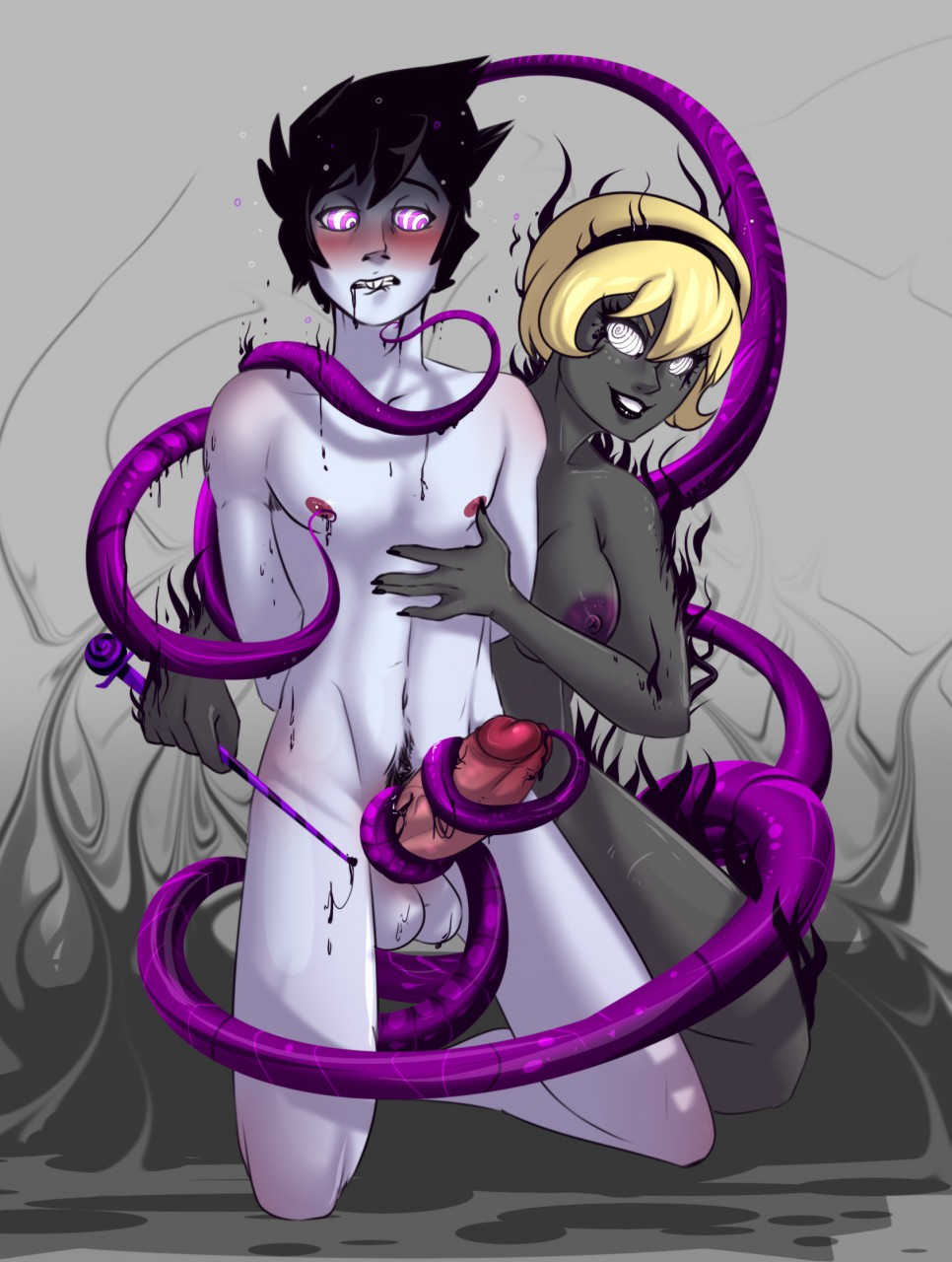 1boy 1girls biting_lip black_hair black_lipstick blonde_hair breasts buckteeth erection female grey_background grey_skin grimdark hairband homestuck hypnosis john_egbert male male_urethral_insertion malesub mind_control ms_paint_adventures naked needle nipples orientation_play penis purple_nipples rose_lalonde short_hair straight tentacle tentacle_sex urethral_insertion white_skin