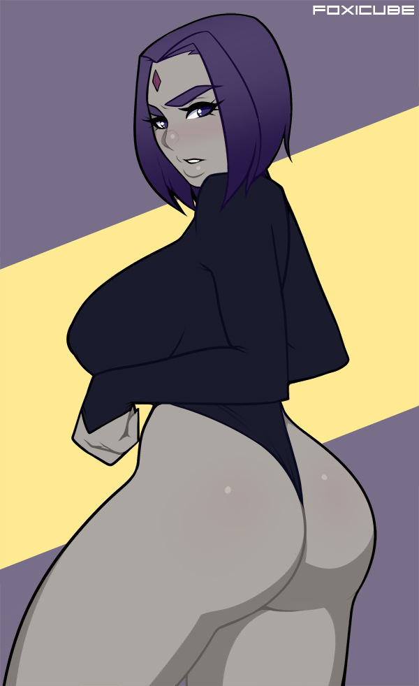 ass, bare legs, bare thighs, big ass, clothing, curvy, dc, dc comics, female, female only, foxicube, from behind, goth, light skin, light-skinned female, looking back, pale skin, pale-skinned female, purple eyes, purple hair, rachel roth, raven (dc), shiny skin, smooth skin, solo, teen titans, thick thighs, thighs, thighs together