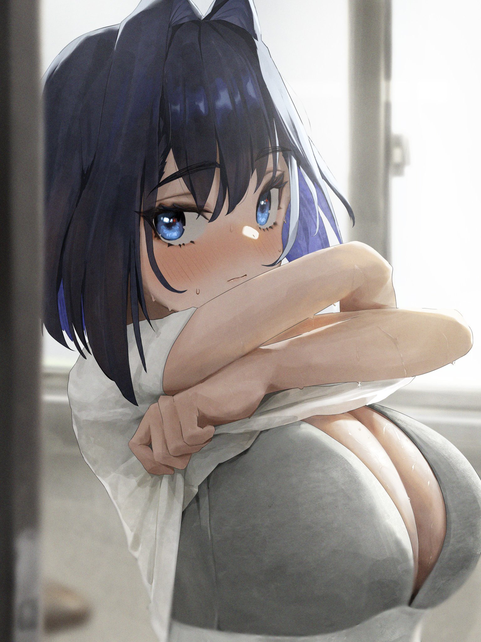 aoteka, black hair, blue eyes, blue hair, blush, bra, breasts, closed mouth, clothes lift, colored inner hair, female, grey bra, hair intakes, highres, hololive, hololive english, hololive english -council-, hololive english -promise-, huge breasts, indoors, lifting own clothes, looking at viewer, multicolored hair, ouro kronii, shirt, shirt lift, solo, sweat, underwear, undressing, virtual youtuber, white shirt, window
