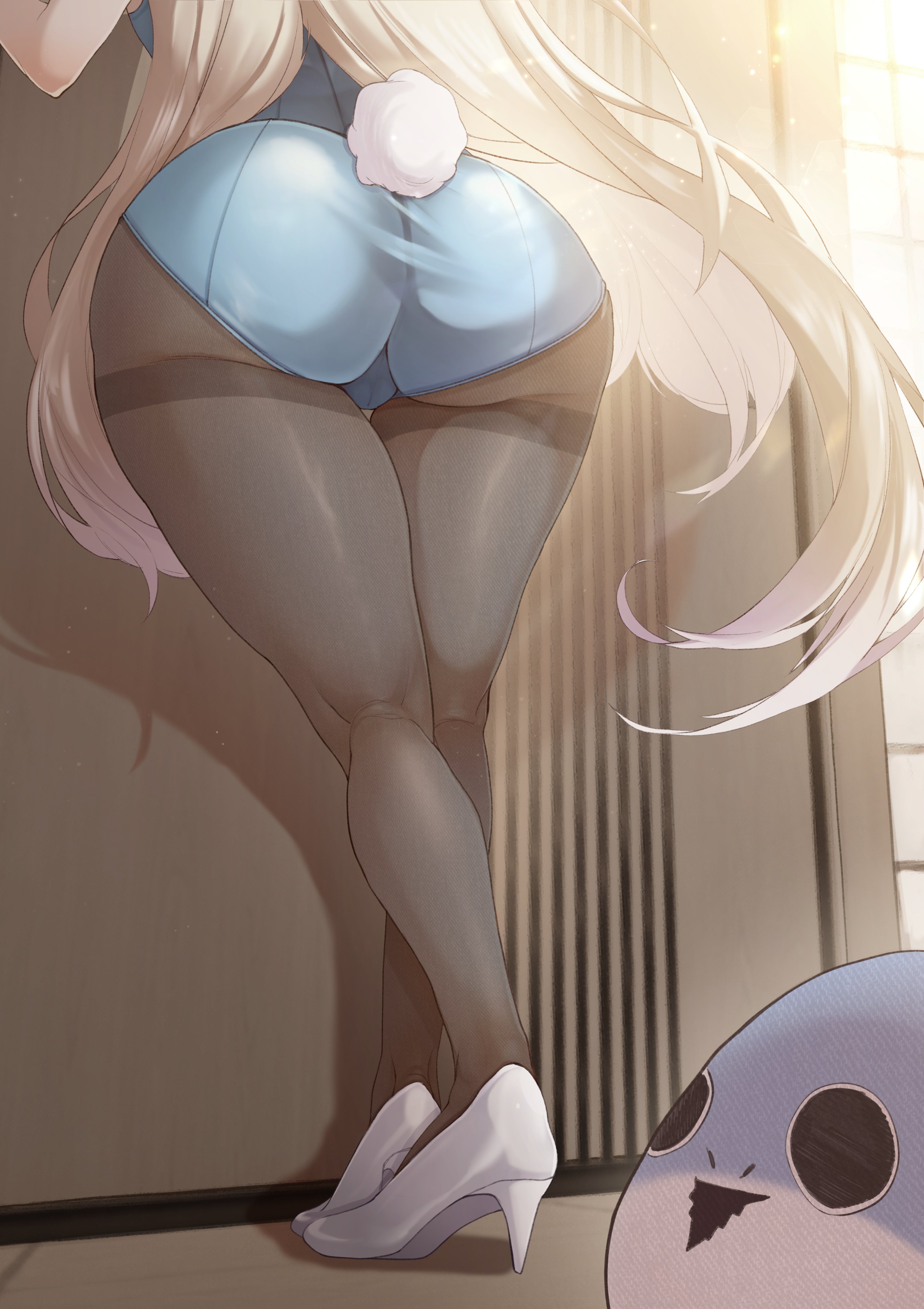 absurdres, ass, ass focus, asuna (blue archive), asuna (bunny) (blue archive), black pantyhose, blonde hair, blue archive, blue leotard, female, from behind, high heels, highres, huge ass, leotard, micasa tto, official alternate costume, pantyhose, playboy bunny, sacabambaspis, solo, thighband pantyhose