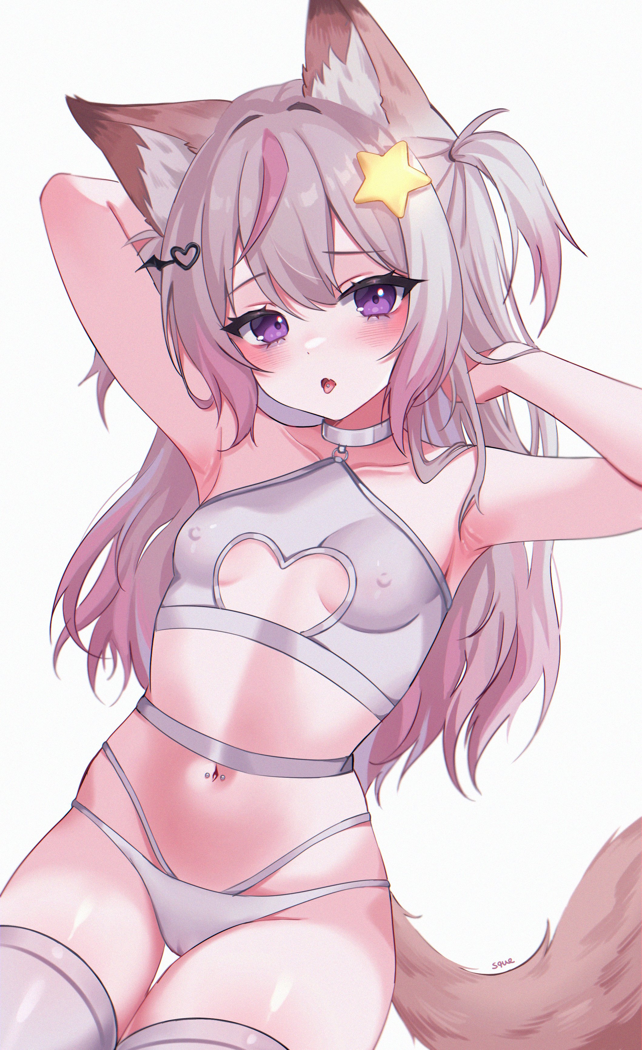 1girls, accessory, annytf, blush, breasts, brown fur, cameltoe, cat girl, catgirl, collar, female, fox ears, fox tail, hair ornament, indie virtual youtuber, kemonomimi, long hair, medium breasts, navel piercing, nipples, pink hair, purple eyes, pussy, star (symbol), tagme, virtual youtuber, visible nipples, zxcsque