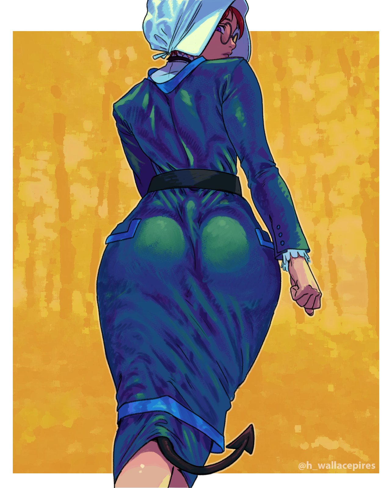 1girls, ass, belt, bonnet, coif, commission, demon tail, female, from behind, glasses, headdress, hourglass figure, long dress, looking at viewer, looking back, no panties, original, pilgrim, purple eyes, red hair, round glasses, short hair, solo, tail between legs, tail under clothes, traditional clothes, walking, walking away, wallace pires