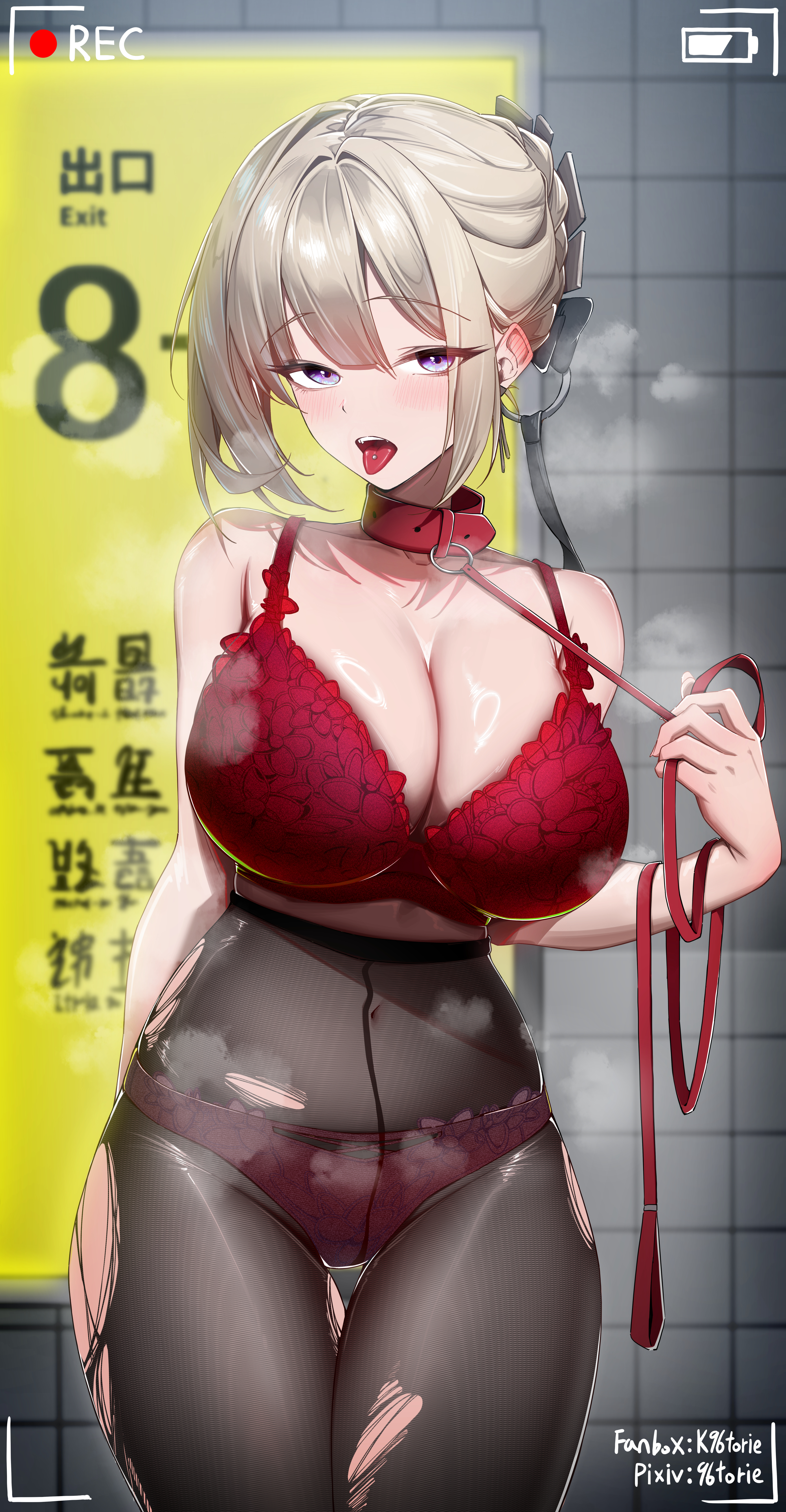 absurdres, battery indicator, black pantyhose, blonde hair, bra, breasts, cleavage, collar, commentary, covered navel, evelyn chevalier, fanbox username, female, heavy breathing, highres, holding, holding leash, kuro torie, large breasts, leash, open mouth, panties, pantyhose, pixiv username, purple eyes, recording, red bra, red collar, red panties, short hair, tile wall, tiles, tongue, tongue out, torn clothes, torn pantyhose, underwear, viewfinder, zenless zone zero