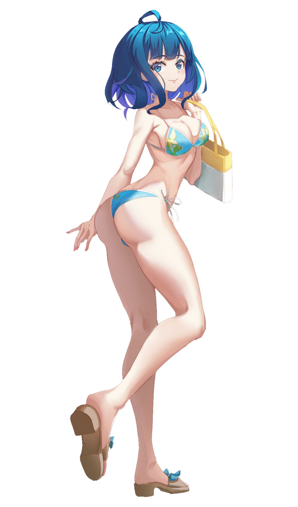 1girls ass bag big_ass big_breasts bikini blue_bikini blue_eyes blue_hair breasts busty feet female female_only highres large_breasts legs looking_at_viewer looking_back make_heroine_ga_oo_sugiru! medium_hair pink_lips pose posing side-tie_bikini_bottom sideboob smile solo swimsuit thighs voluptuous yanami_anna