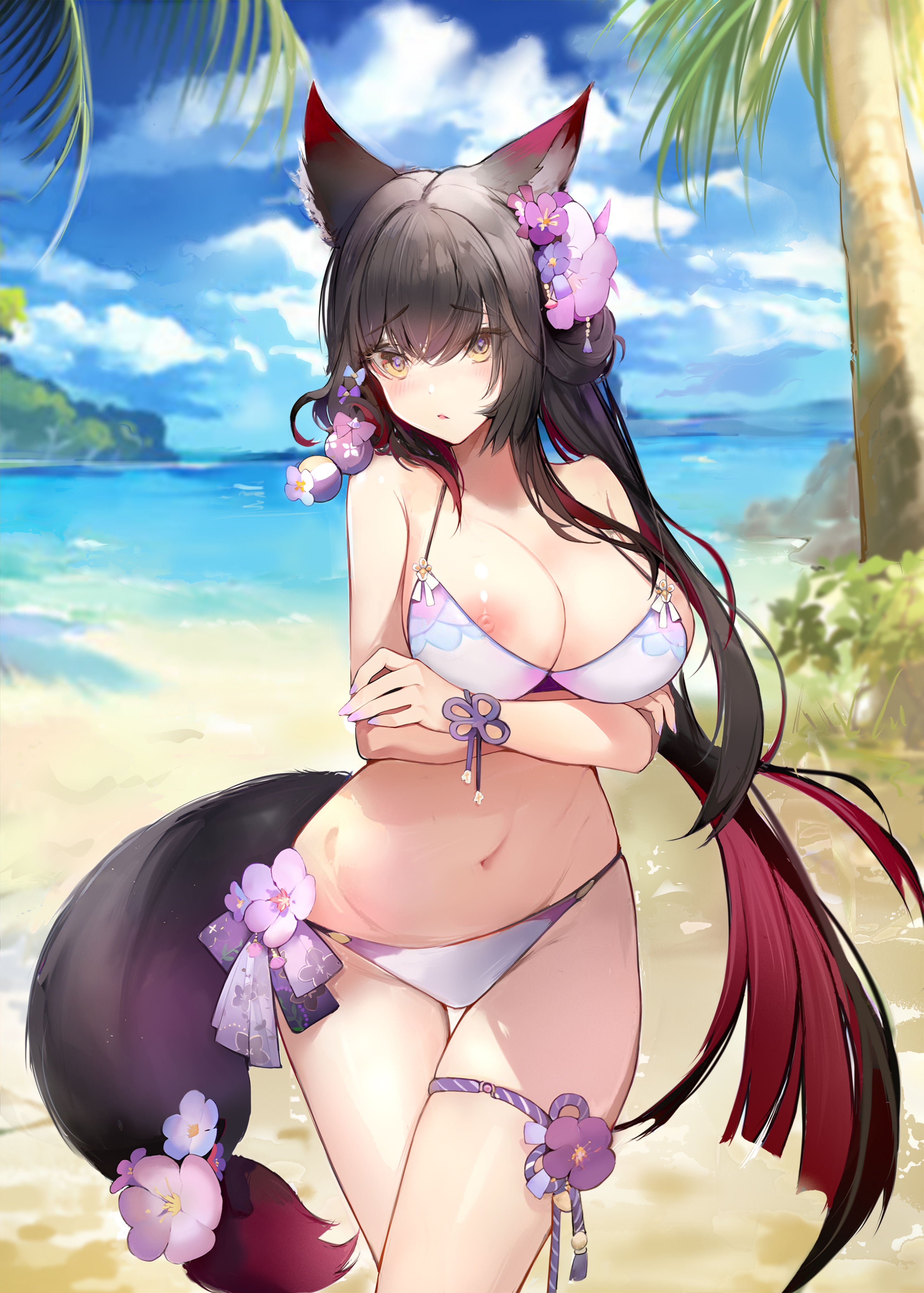 artist request, beach, blue archive, breasts, cat girl, catgirl, female, kemonomimi, nipple slip, swimsuit, wakamo (blue archive), wakamo (swimsuit) (blue archive), water