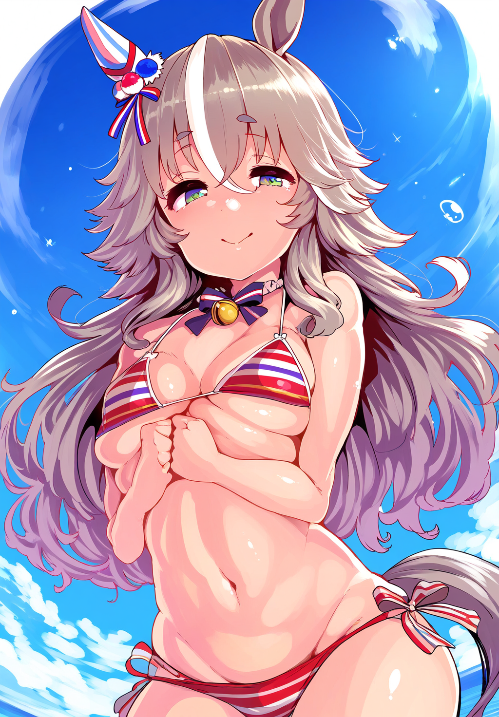 ai_generated animal_ears bikini emerald_eyes female grey_hair hair_between_eyes hair_ornament horse_girl long_hair perm umamusume umamusume_pretty_derby wonder_acute_(umamusume)