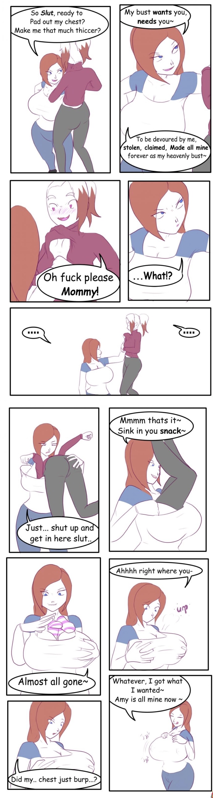 absorption absorption_vore artist_request big_breasts breast_expansion breast_vore breasts burping cleavage_vore confusion cruel_pred dominant dominant_girl dominated_female excited female female_pred female_prey huge_breasts mommy redhead vore