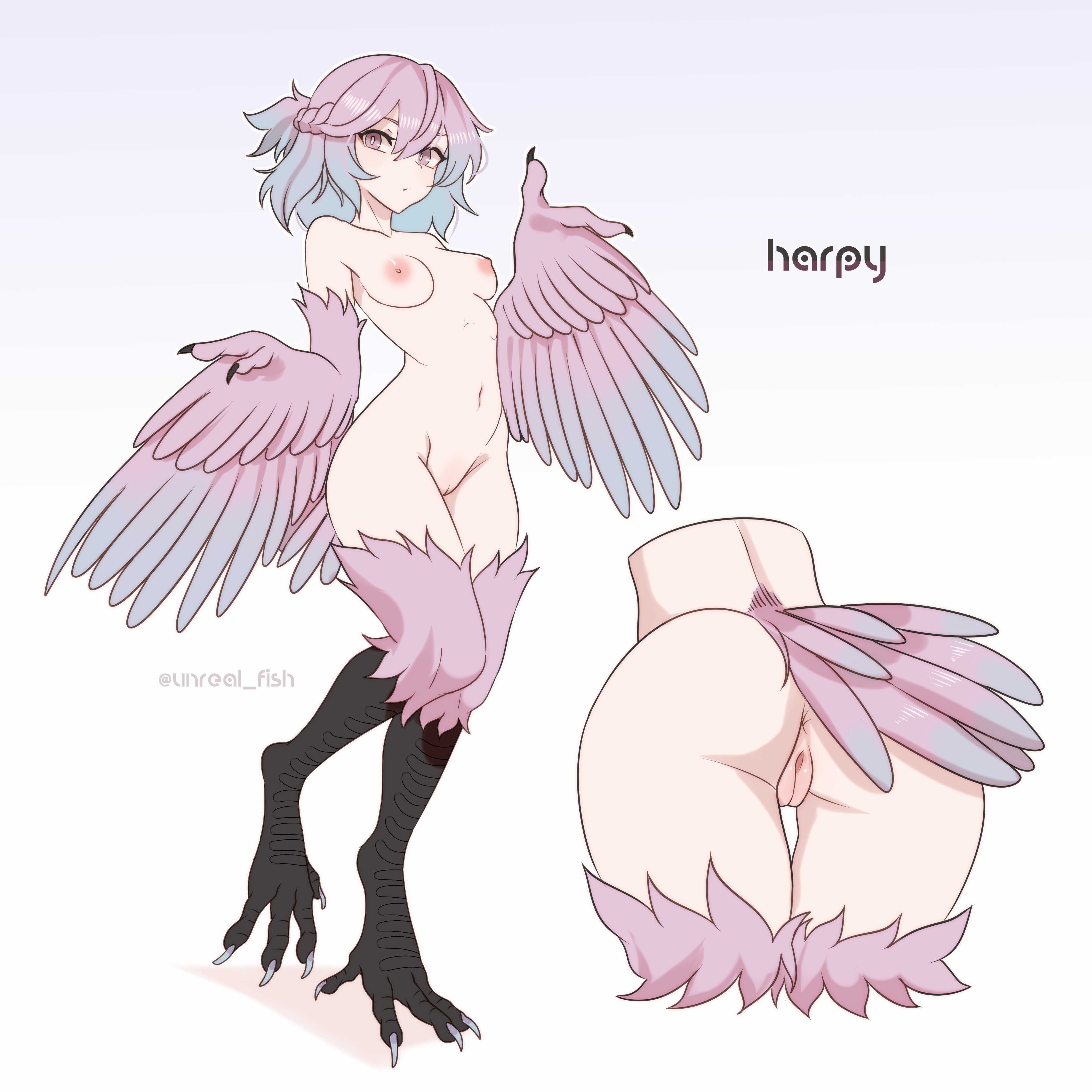 1girls, anus, ass, character request, completely nude, copyright request, female, female only, harpy, harpy girl, harpy humanoid, monster girl, nipples, nude, pink hair, pussy, solo, tagme, unreal fish