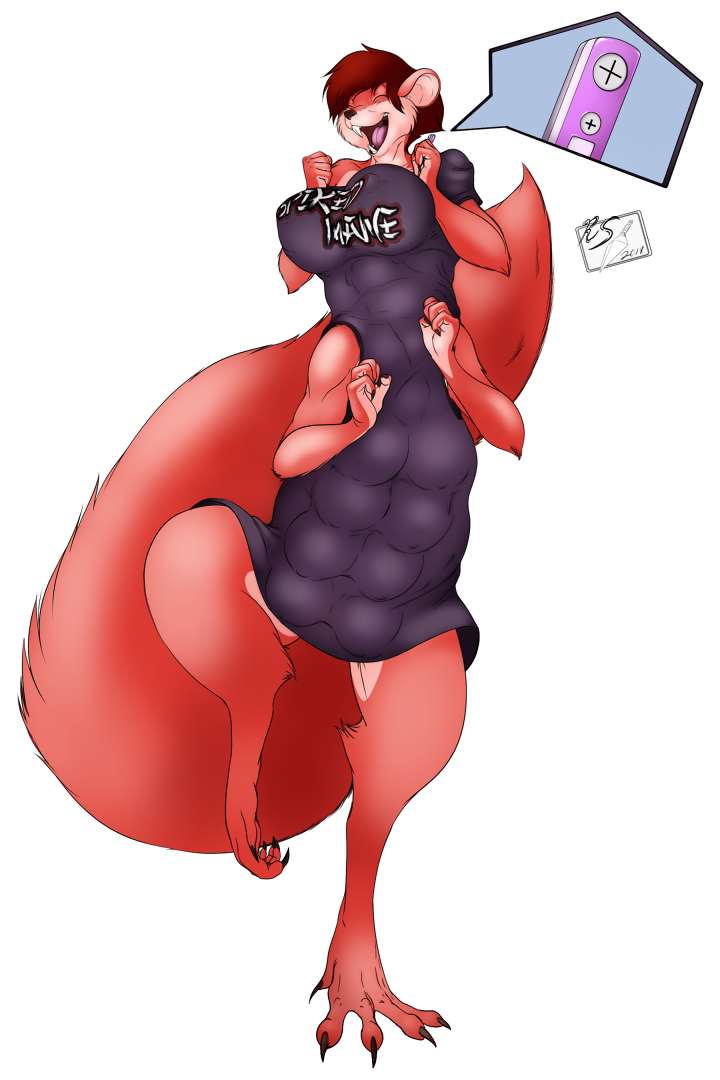 4_arms anthro breasts cheer claws clothing dancing fur jumping long_claws mammal multi_arm multi_body multi_breast multi_limb pregnancy_test pregnant raccoonshinobi red_fur rodent squirrel taur