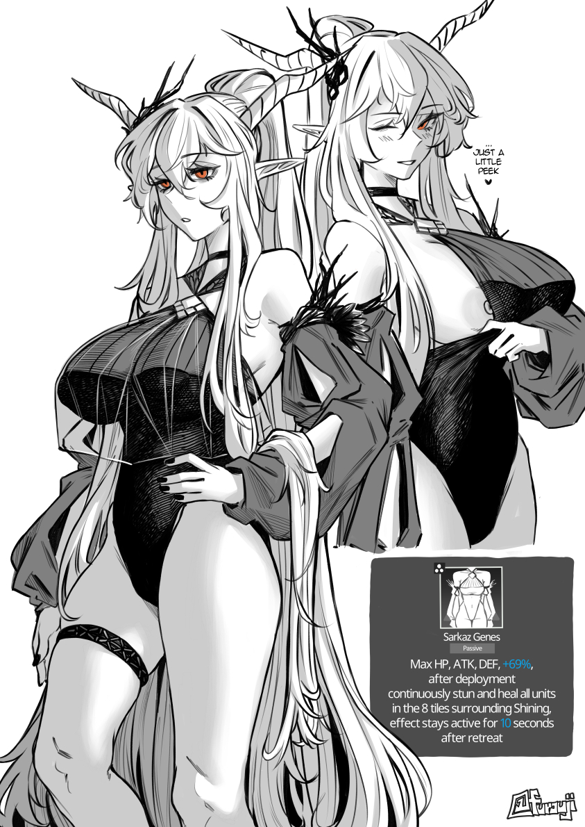 arknights, breasts, female, furauji, horns, long hair, nipple slip, red eyes, shining (arknights), swimsuit, thigh strap, thighs