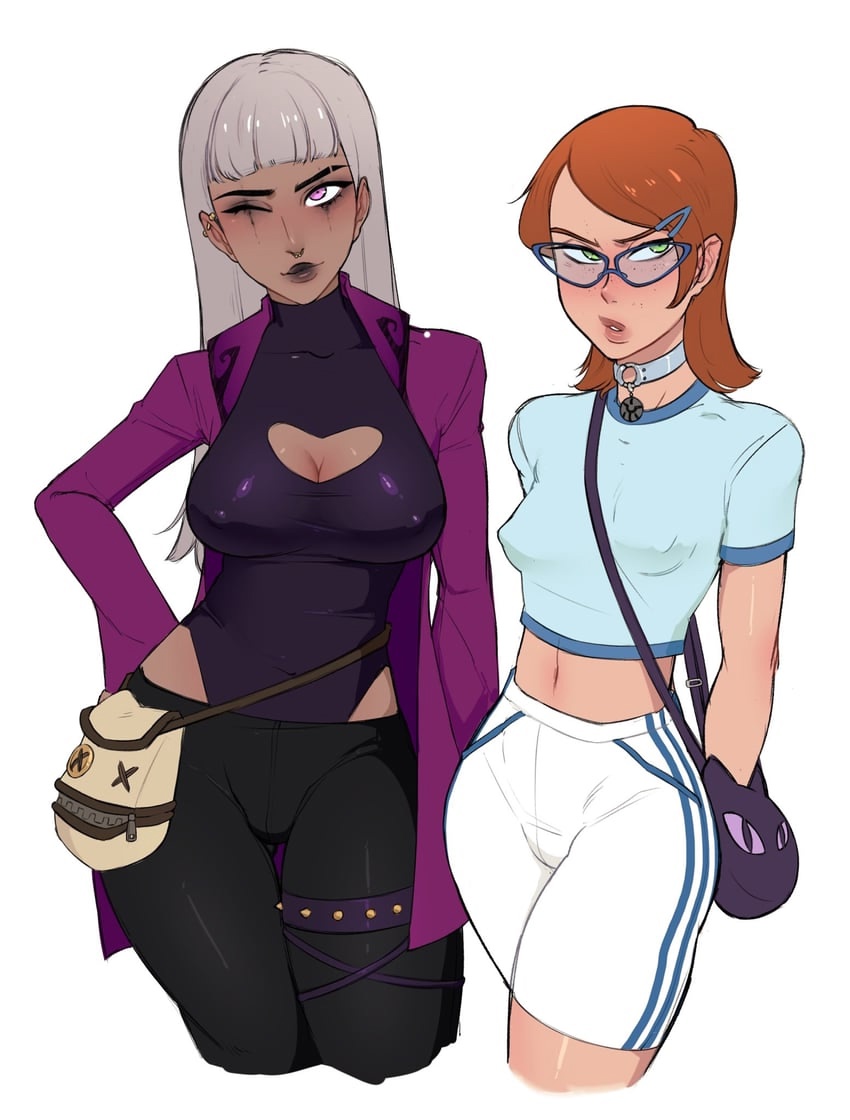 2girls bag ben_10 ben_10_omniverse big_breasts cartoon_network charmcaster female ginger ginger_hair glasses grey_hair gwen_tennyson gwen_tennyson_(omniverse) haruhssment makeup neckline nipples_bulge outfit small_breasts tagme tight_pants warner warner_bros._animation warner_brothers