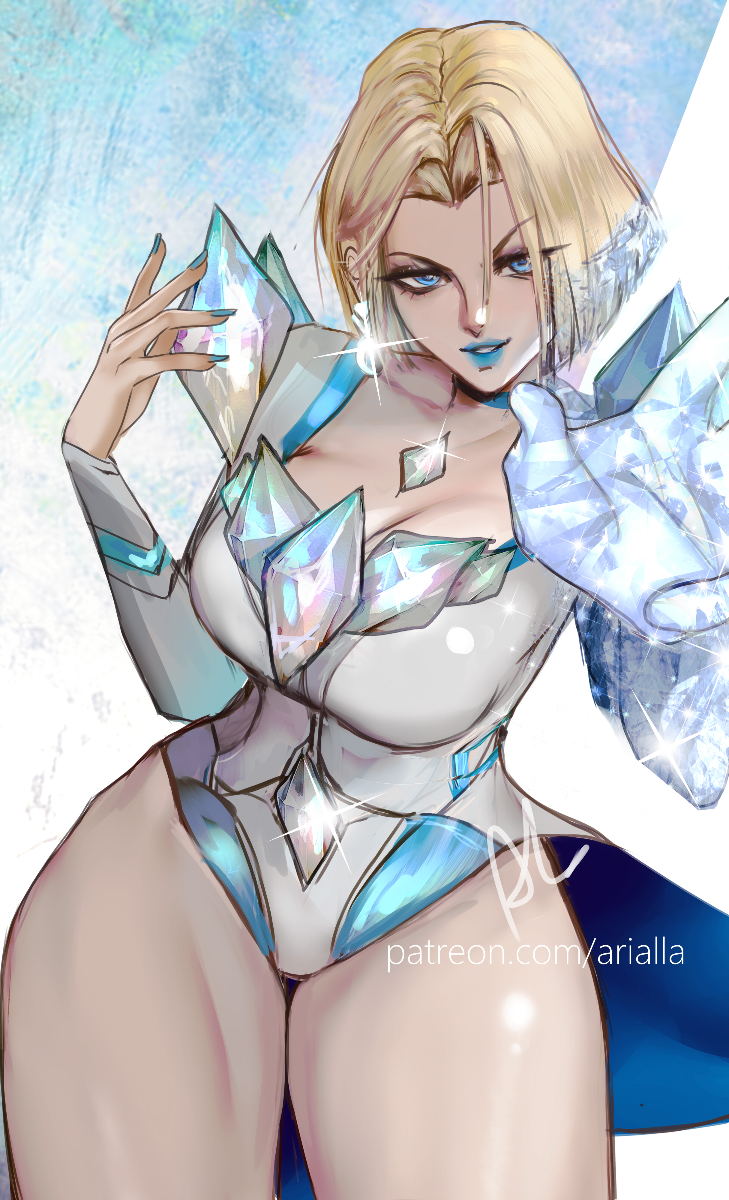 1girls, absurd res, arialla draws, athletic, athletic female, athletic thighs, big breasts, blonde female, blonde hair, blue lipstick, blue nails, bob cut, breasts, emma frost, emma frost (marvel rivals), female, female focus, female only, hi res, large breasts, leotard, light skin, light-skinned female, looking at viewer, marvel, marvel comics, marvel rivals, muscular, muscular thighs, thick thighs, thighs, wide hips