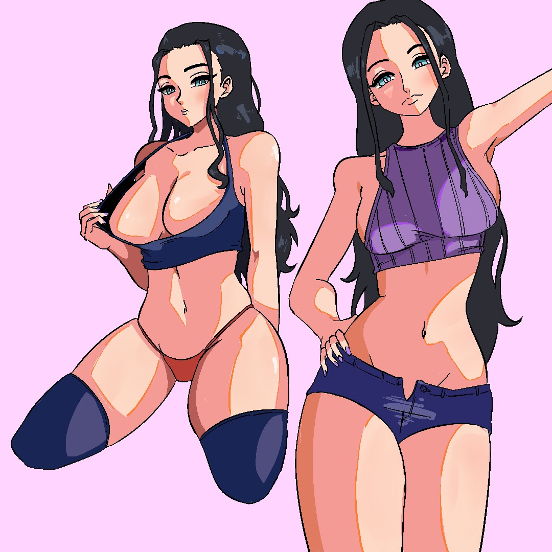 1girls, black hair, black-haired female, bleeeh art, clothing, female, female only, nico robin, one piece, post-timeskip, unbuttoned shorts
